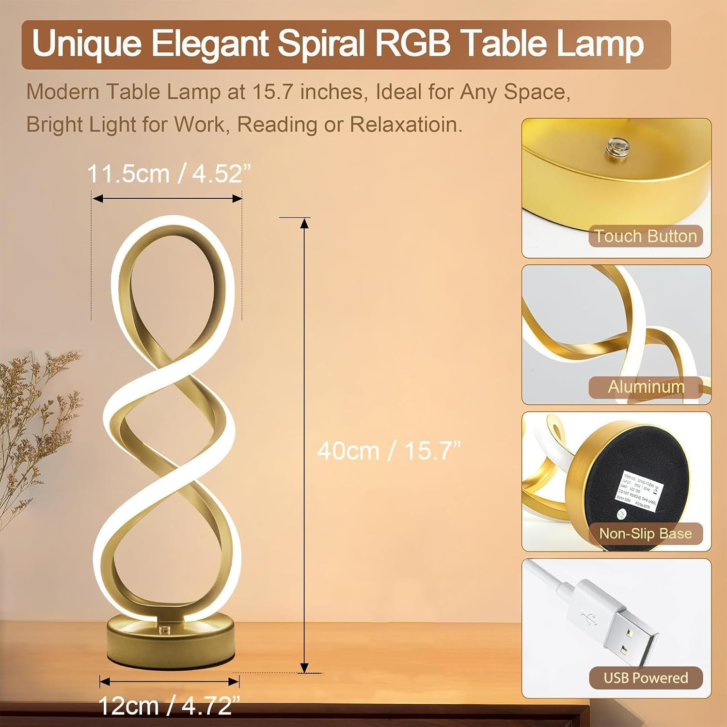 Modern Spiral Table Lamp, Bedside Lamp with Dimmable Metallic Bedside Lamp with Touch Controller, 3 Colour Temperature, Decorative Lamp for Living Room for Bedroom, Living Room, Home Office image number 1