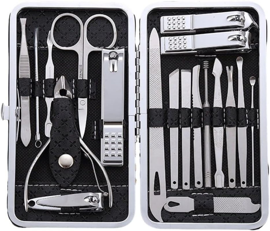 Classic Black 18/16/12/10/7Pcs Nail Clipper Set Stainless Steel Manicure Cutters Ear Spoon Nail Scissors Tool Pedicure Household,19Pcs,Black