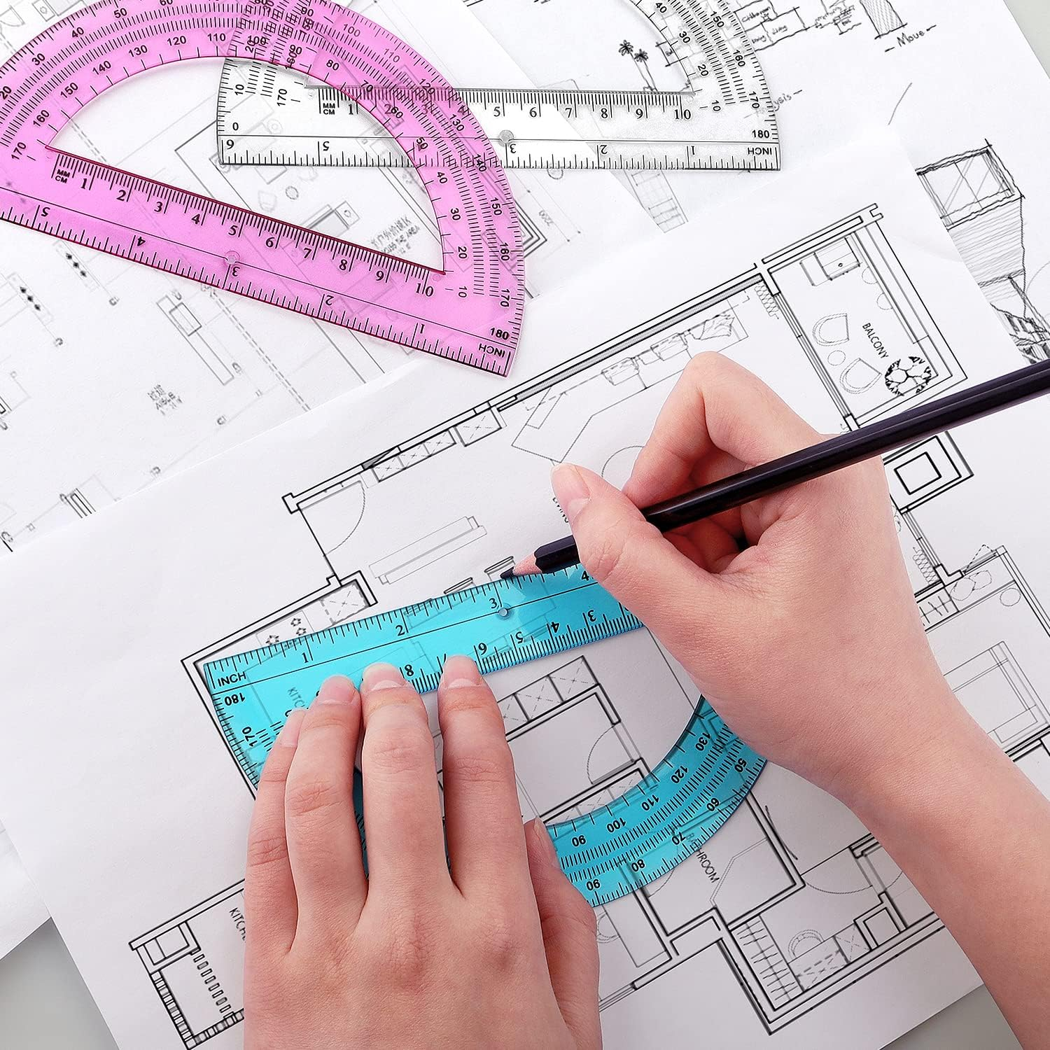 12 Pack Plastic Protractor 6 Inches Math Protractors 180 Degrees for School Office Supplies, Clear/Blue/Pink image number 4