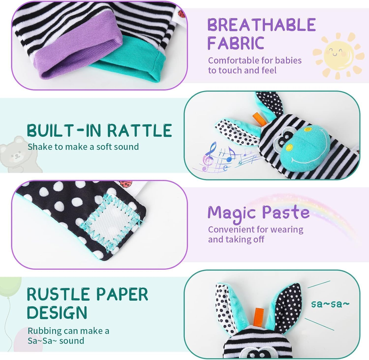 4Pcs Baby Rattle Toys, Baby Foot Finder Sock Wrist & Ankle Rattles Toys Newborn Sensory Toys Rattle Socks Hand & Feet Rattles Toys Bebe Wristband Rattle Strap for 0-12 Months Infant Gift Toys image number 5