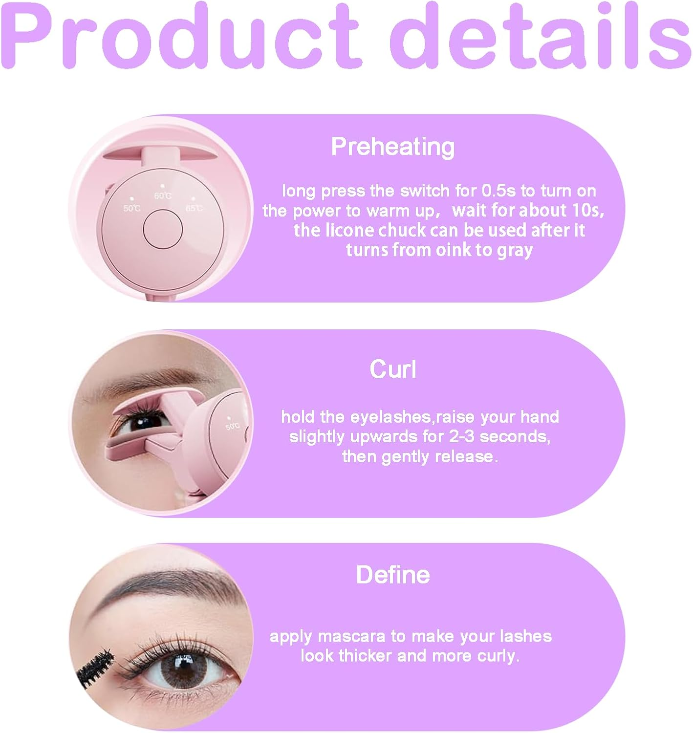 Hrenvaxil Eyelash Curler, Heated Eyelash Curler Electric Heated & Rechargeable Automatic, 50&deg;C/60&deg;C /65&deg;C Temperature for Natural Long Lifting - Portable & Safe for Sensitive Eyes, Perfect Travel Makeup Lash Curler for Women image number 3