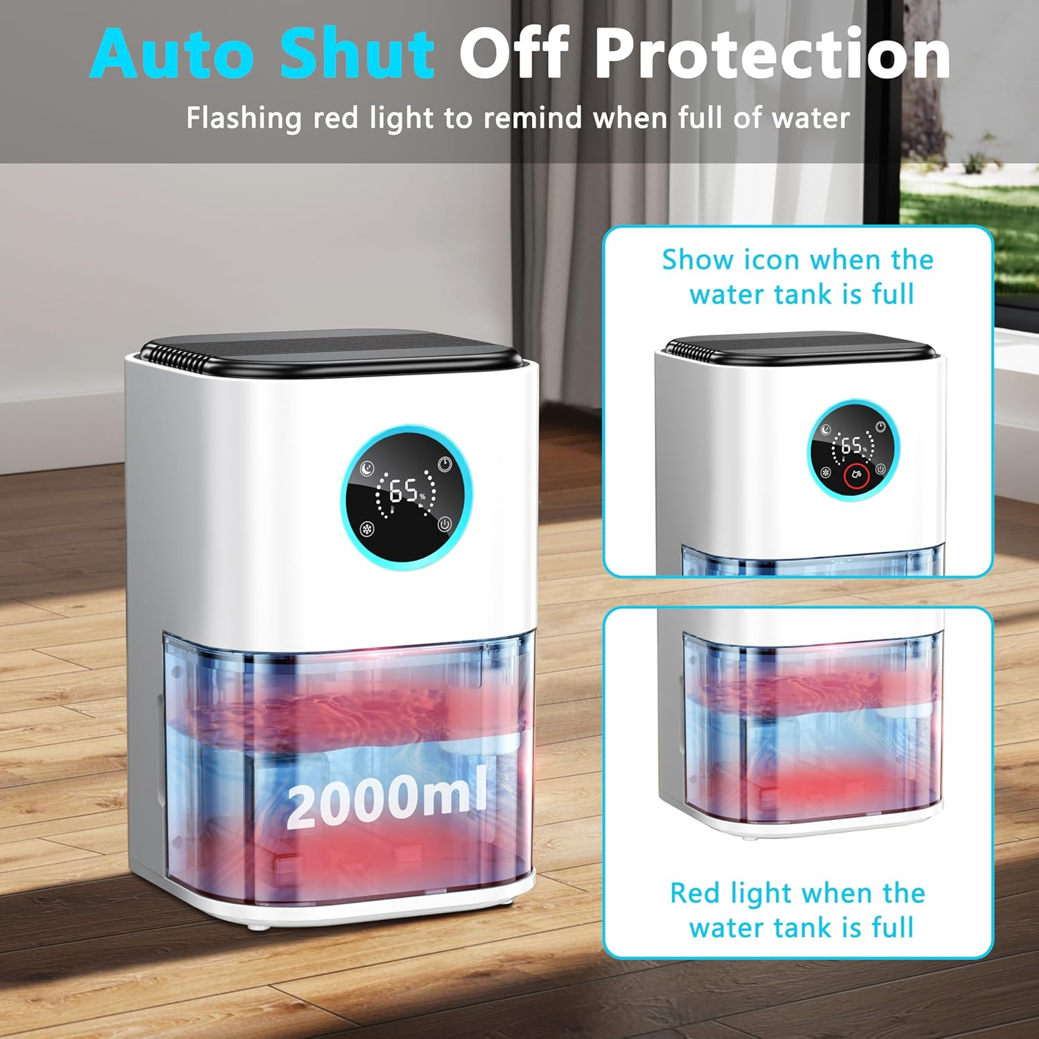 2000ML Dehumidifiers for Home,Small Dehumidifier for Home,Portable and Mini Small Air Dehumidifiers for Quiet with LED Light, Auto Shut off for Home, Bedroom,Bathroom,Basement,Closet,Wardrobe image number 3