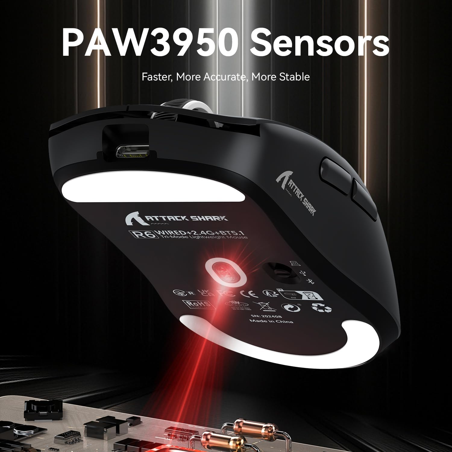 MAMBASNAKE X Attack Shark R6 Superlight Mouse, Pixart PAW3950MAX Gaming Sensor, Wireless 8K Mouse, MCU Nodic 52840, Bt/2.4G/Wired Gaming Mouse, Adjustable DPI 42000, for Win11/Xbox/Ps/Mac - Black