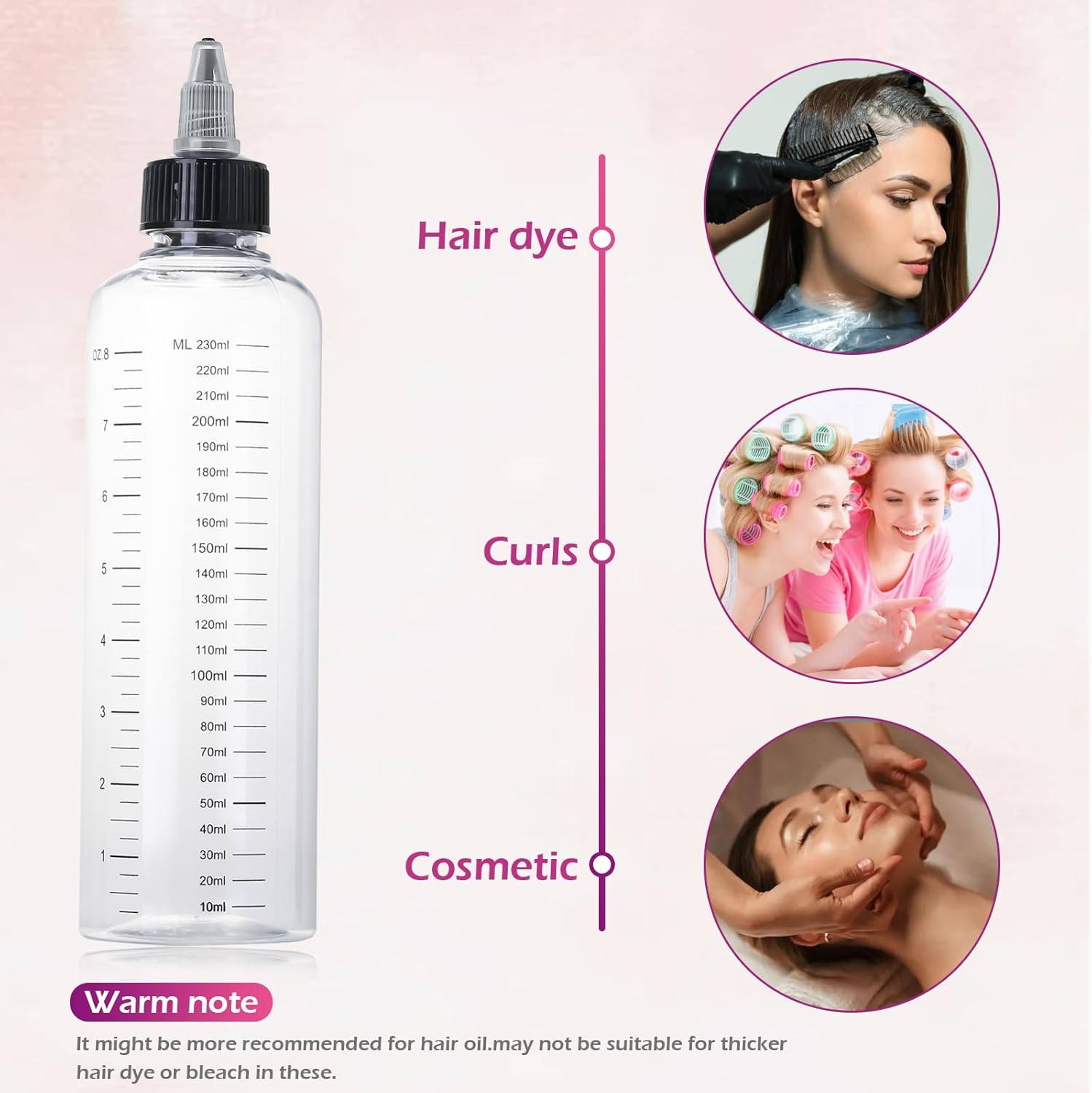 EXEXIUO 2Pcs Applicator Bottle for Hair 8.5Oz Empty Squeeze Hair Oiling Bottle Plastic Hair Color Dispenser Container for Scalp Root Dye Container with Clear Graduated Scale Twist-On Top Tip Cap image number 1