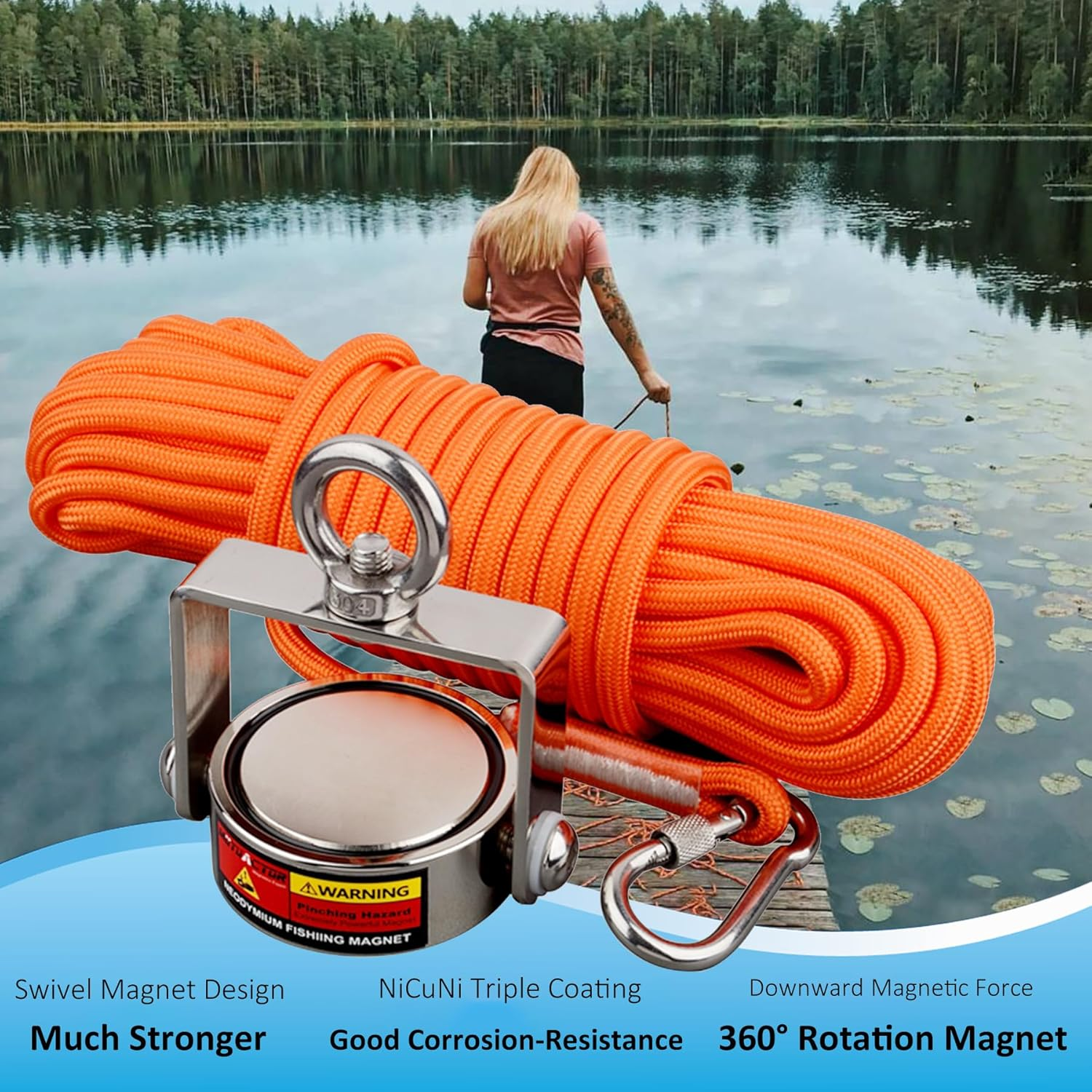 MUTUACTOR Fishing Magnet Kit,Combined 1240Lb Strong Rotatable Magnet Fishing Heavy Duty,Permanent Neodymium Rare Earth Magnets with 65Ft Salvage Rope,Anti-Slip Gloves for Retrieving Treasures image number 4