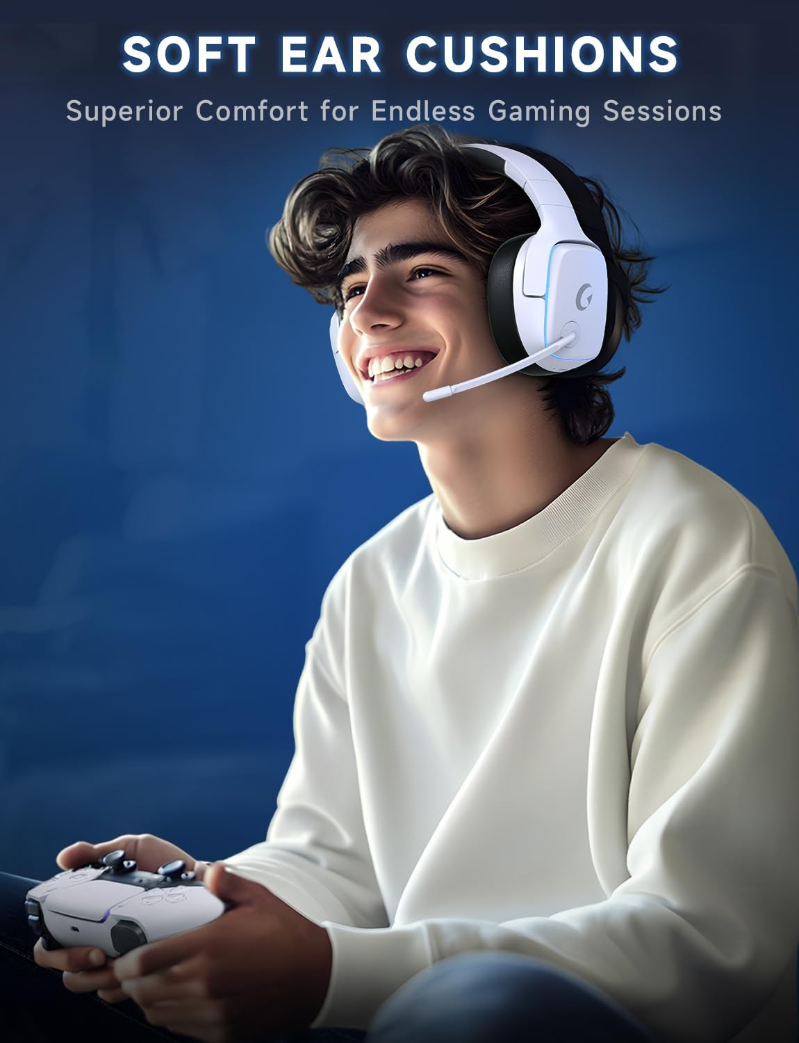 2.4Ghz Wireless Gaming Headsets for PS5, PS4, PC, Switch - Bluetooth 5.3 Gaming Headphones with Noise Canceling Mic, 7.1 Surround Sound, 70H Battery, Blue Lighting - Pearl White image number 2
