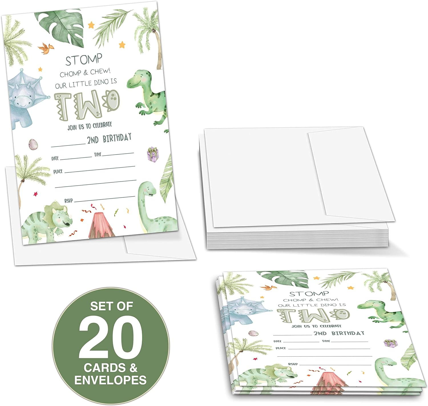 2Nd Birthday Party Invitations for Boys or Girls, Dinosaur Theme Birthday Parties Supplies Decorations, Tropical Dino Theme Fill-In Invites, 4" X 6" Double-Sided Cards(20 Invitations and Envelopes)-C09 image number 3
