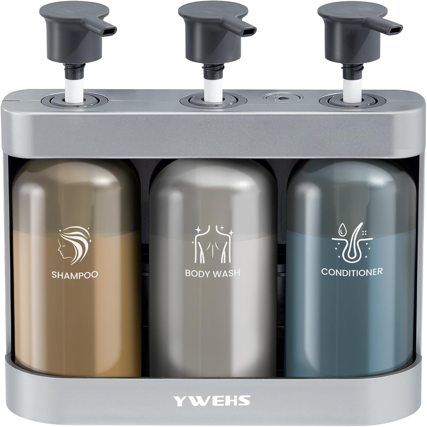 YWEHS Shampoo Dispenser for Shower Wall Mounted, Shower Soap Dispenser 3 Chamber No Drill, 12.85 Fl.Oz*3 Shampoo Conditioner Body Wash Dispenser for Bathroom Hotel, Silver, 3 Refillable Bottles