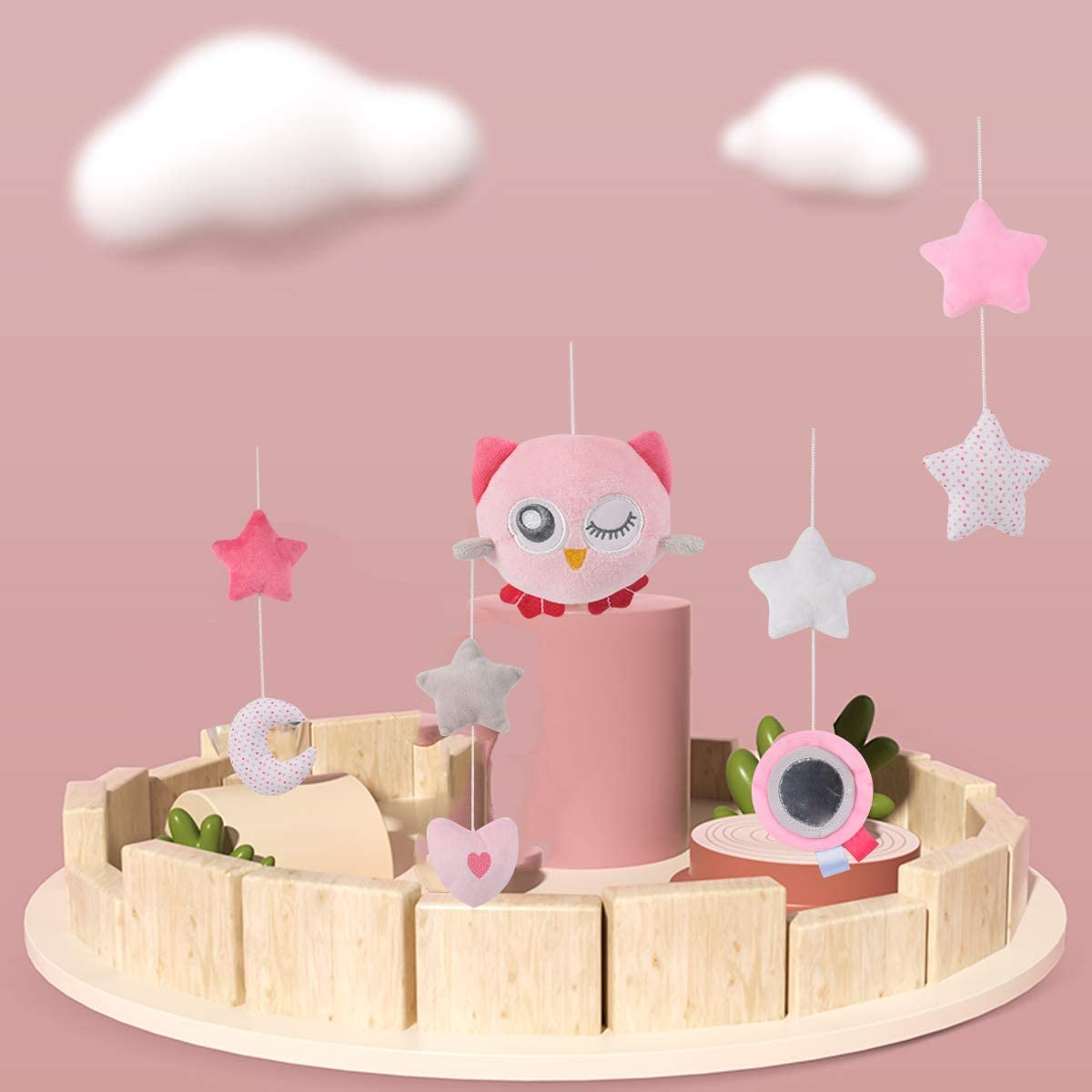 Baby Musical Crib Mobile with Hanging Rotating Plush Pink Owl Pendant Toys, Winding Drive Music Box, Infant Bed Decoration for Newborn Boys and Girls image number 5