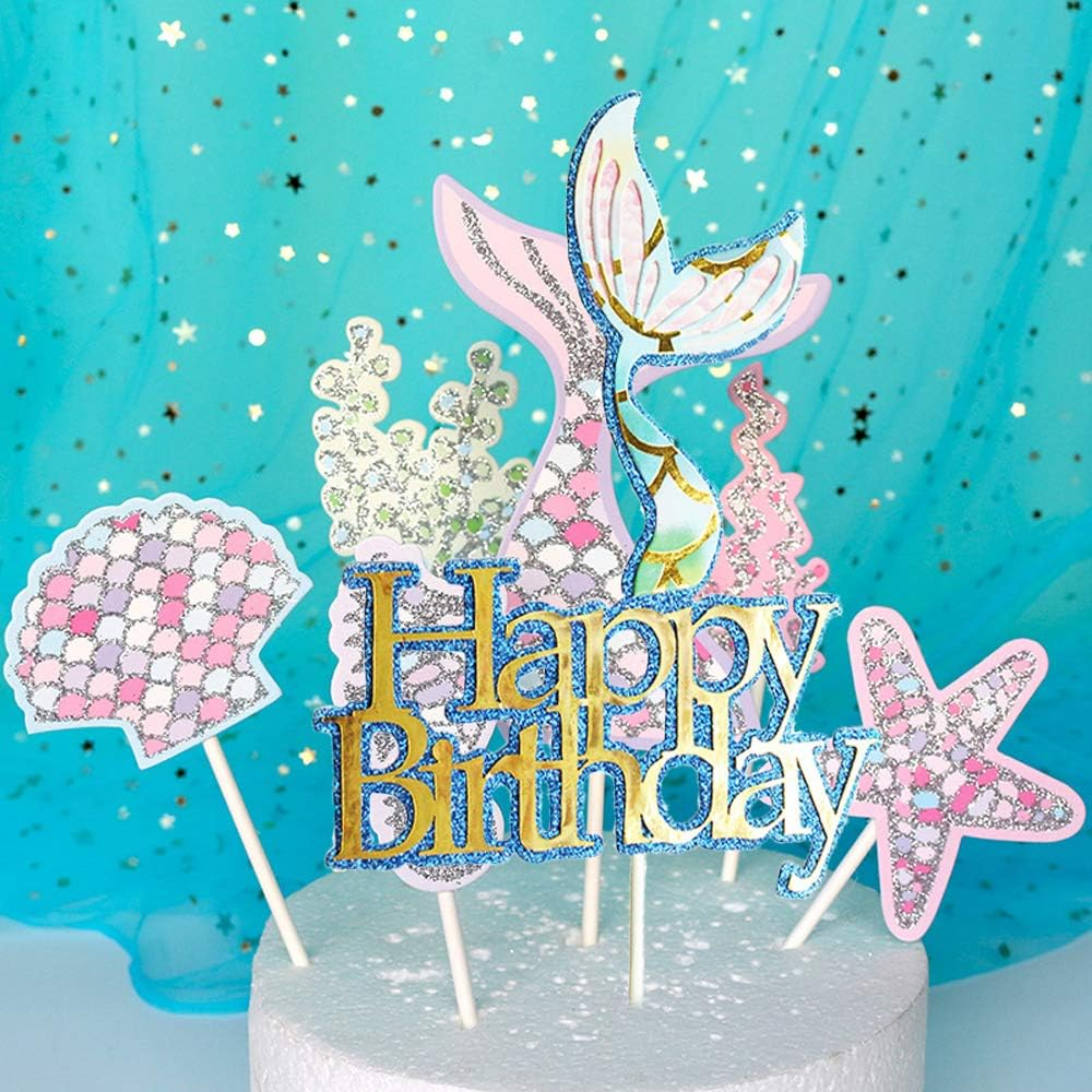Glitter Mermaid Cake Topper Happy Birthday Picks Decoration for Baby Shower Party Supplies image number 1