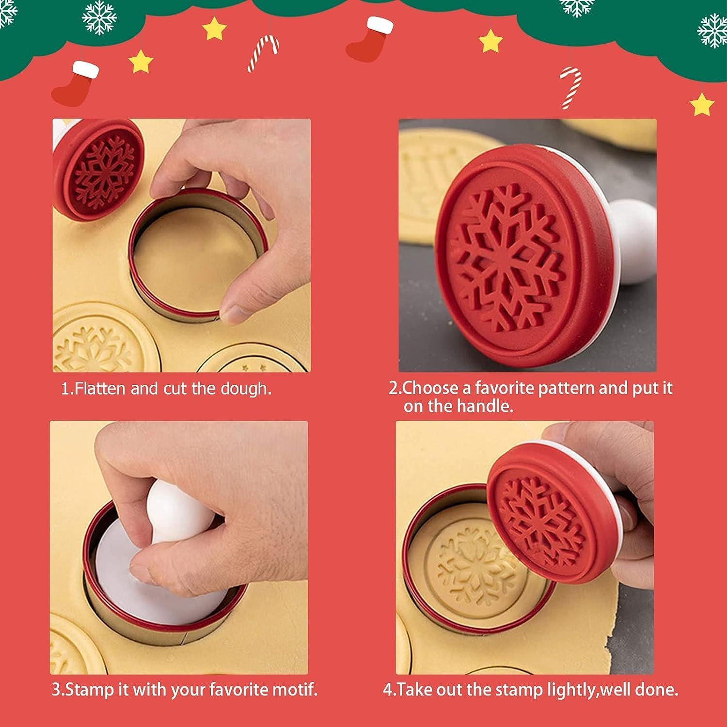 7PCS, Cute Christmas Silicone Cookie Stamps Set Included 6 Stamps and 1 Cookie Cutter Cuts, Homemade Xmas Cookies Stamps for DIY Baking, Cookies Embossing Mold for Holiday Party, BPA Free image number 2