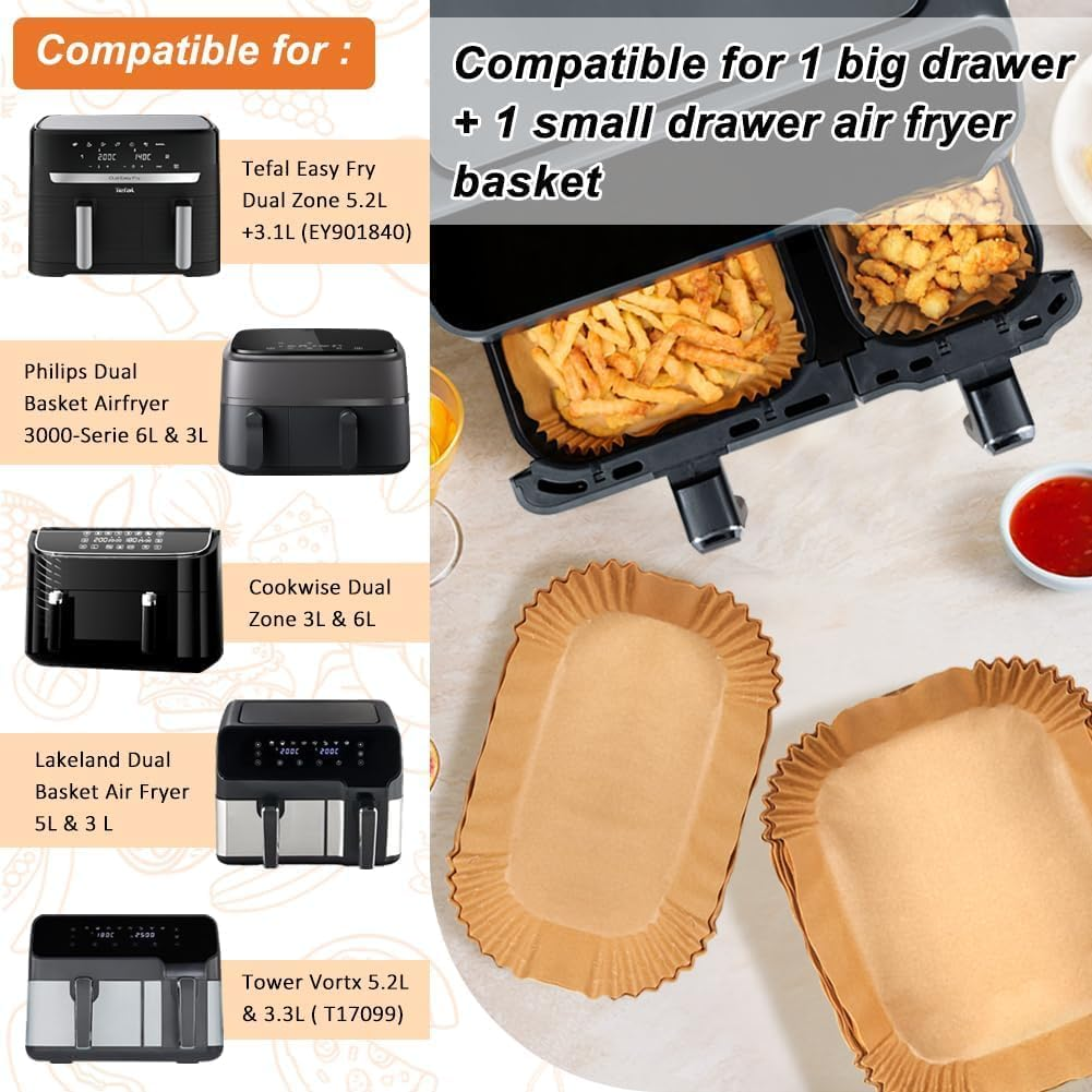 Akulife Air Fryer Liners for 5L & 3L Dual Air Fryer, Disposable Paper Liners for Philips Dual Basket Air Fryer, Tefal, Tower and Other Large & Small 2 Drawer Basket Air Fryer (100PCS) image number 2