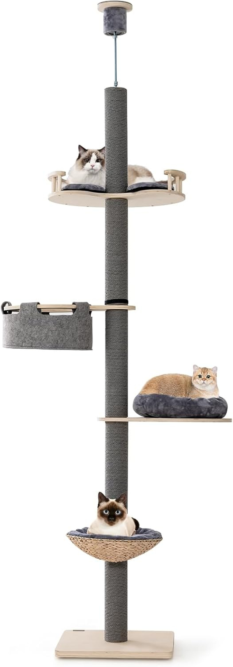Floor to Ceiling Cat Tree, Tall Cat Tower W/Adjustable Height(236-271Cm) for Indoor Cats, 5 Tier Cat Climbing Activity Center W/Scratching Post, Springboard, Basket Bed, Hammock image number 1