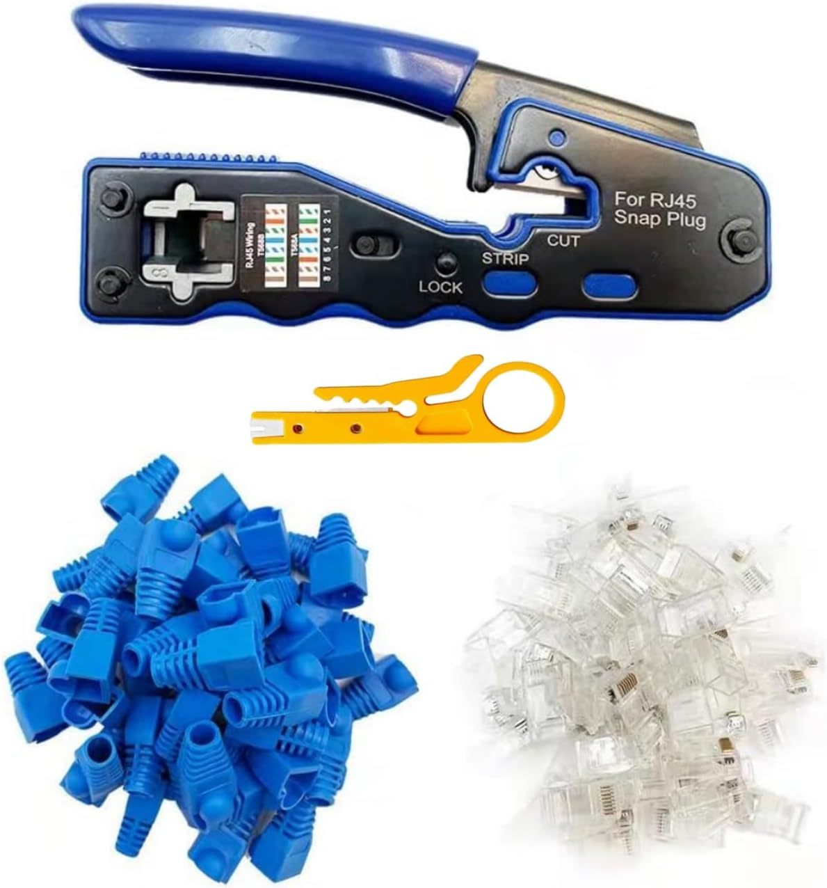 RJ45 All-In-One Crimp and Termination Toolcrimp Tool, 50 Pcs CAT6 Pass through Connectors and 50Pcs RJ45 Cat6 Protection Covers, 1 Network Wire Strippers (Blue-Green)