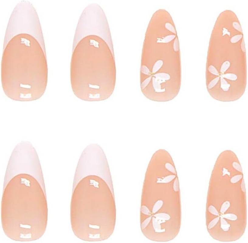 Rikview French Tip Press on Nails Medium Fake Nails White Press on Nails with Flowers Design Almond Acrylic Nails image number 4