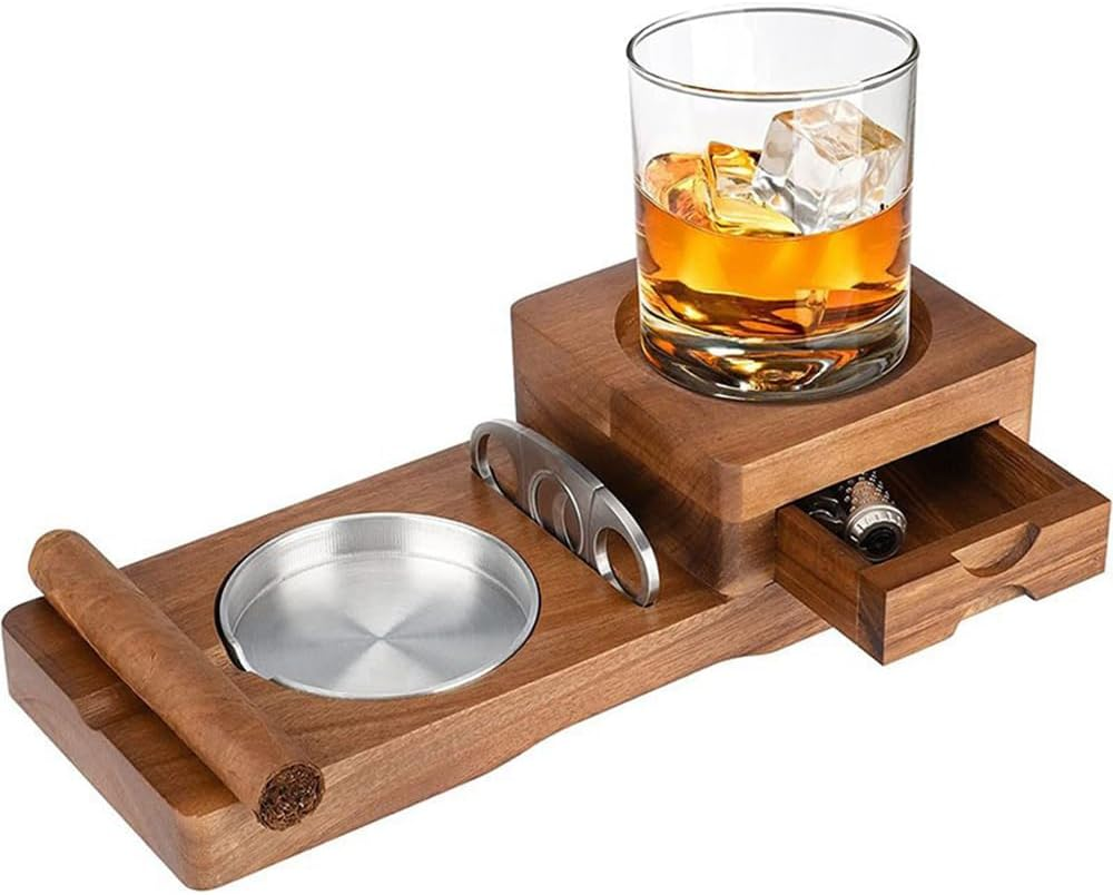 Wooden Cigar Ashtray Set with Whiskey Glass Holder, Built-In Drawer & Cigar Cutter, Multi-Functional Ashtray with Cigar Slot for Home, Office, or Outdoor Use image number 2