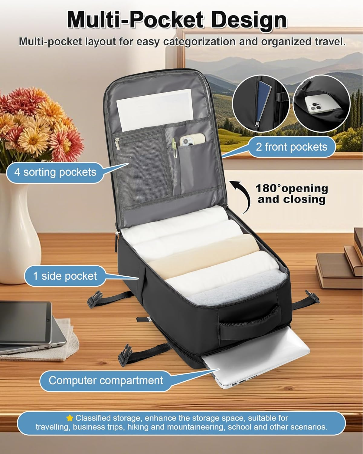 Lendolk Large Travel Backpack Women, Carry on Backpack Men,Hiking Backpack Waterproof Outdoor Sports Rucksack Casual Daypack School Bag Fit 14 Inch Laptop with USB Charging Port Shoes Compartment image number 4