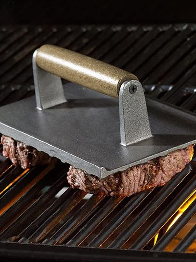 Bacon Press - Heavy - Duty Cast Iron Grill Press Meat Press Steak Grill Weight Burger Smasher Burger Press with Wood Handle (Black 1)