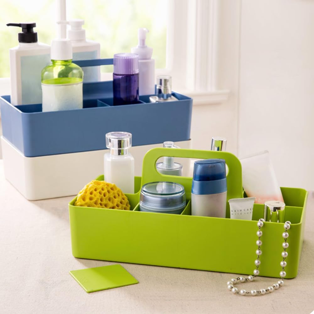 8 Slots Stackable Desk Organiser for Stationery, Arts & Craft Supplies, Portable Plastic Storage Containers Basket with Handle, Adjustable Makeup Organisers Case for Bathroom, Bedroom, & Home Office