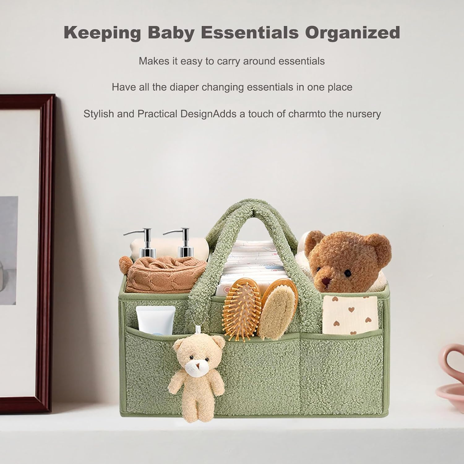 Uandhome Baby Nappy Caddy,Diaper Caddy Organizer for Changing Table,Portable Nappy Organiser,Divided Design,Nursery Storage Basket,Car Caddy,Baby Shower(Green)