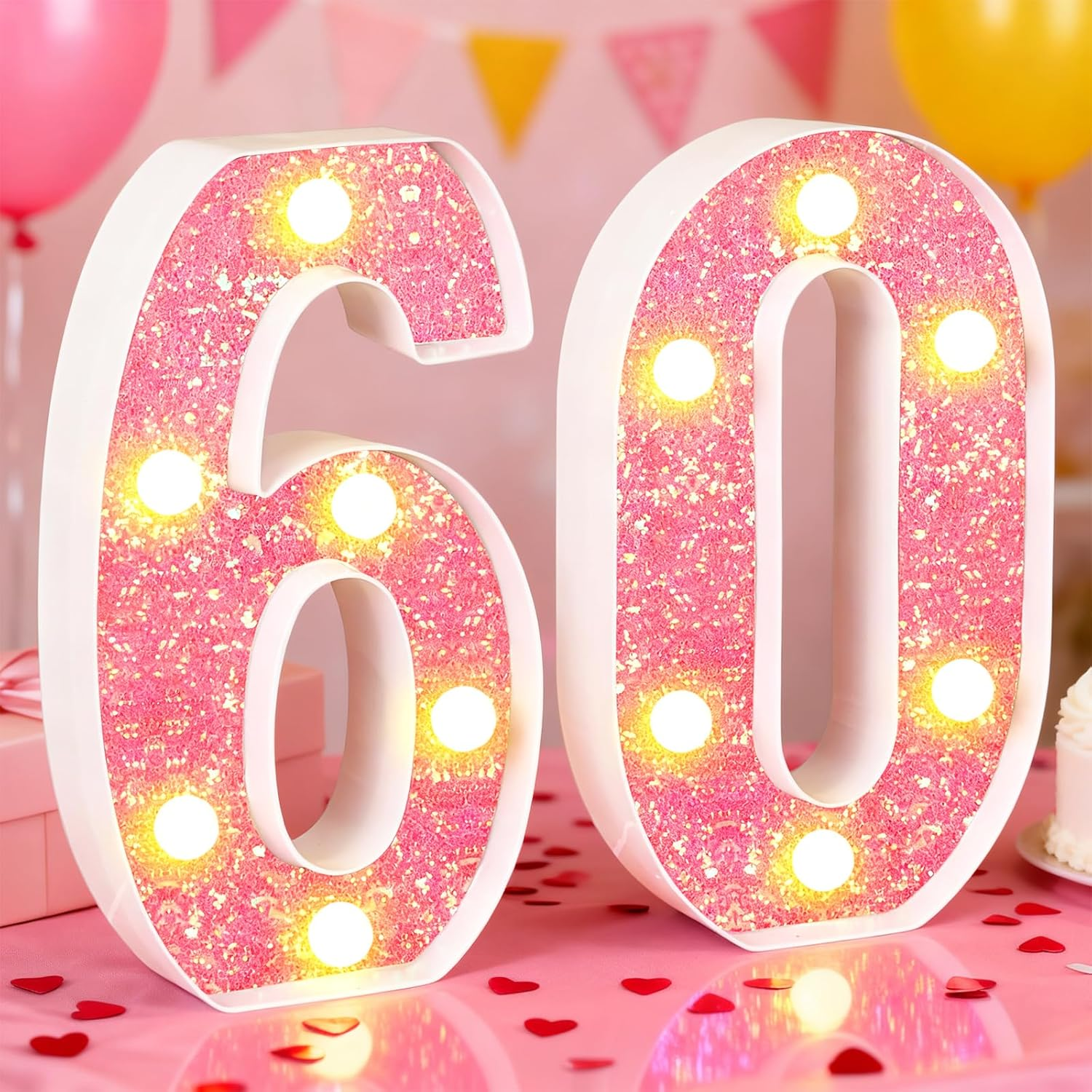 60Th Birthday Decorations LED Light up Numbers, Pink Marquee Lights Number 60 Sign for Girls Birthday Party Anniversary Home Decor image number 2