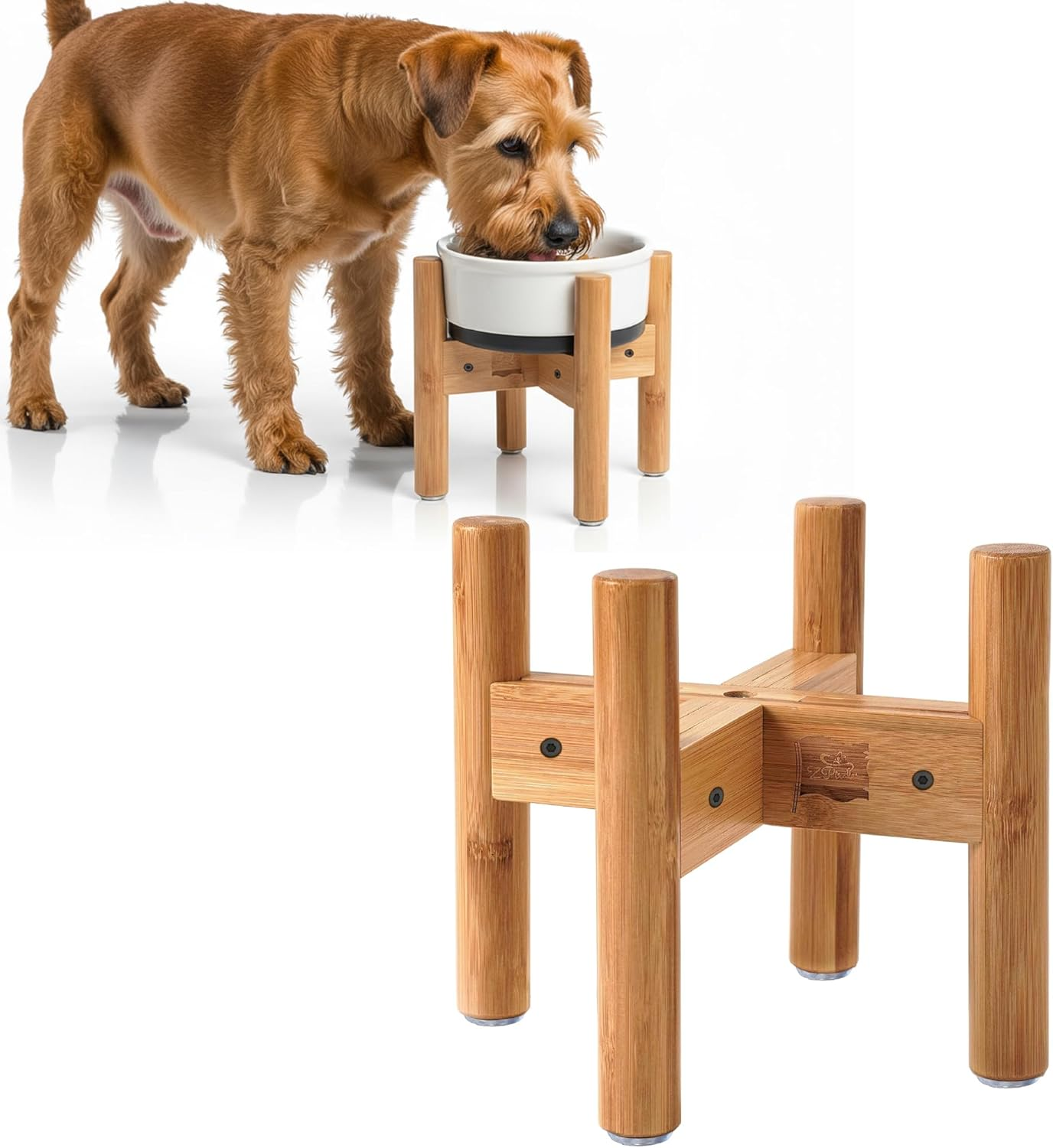 Adjustable Dog Bowl Stand - Raised, Elevated Food Bowl Holder - Width (Extendable 7-10 Inches) - Natural Bamboo