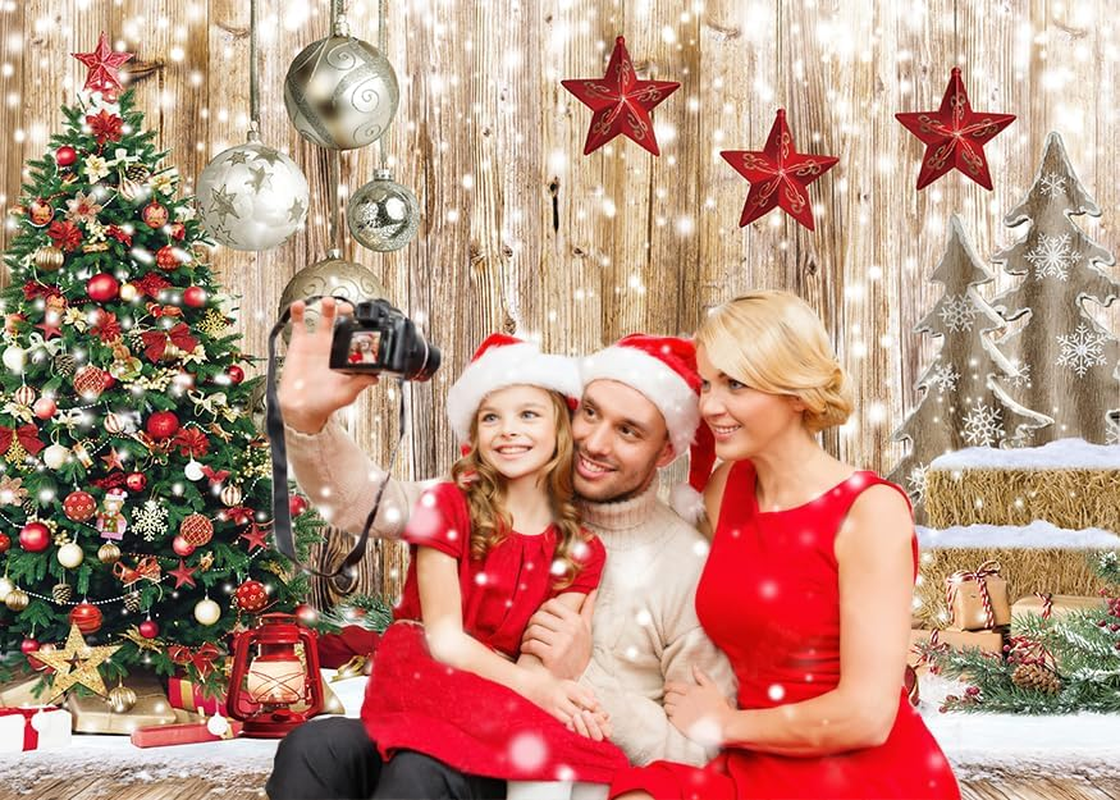 CYLYH 10X8FT Christmas Backdrop Rustic Wood Snow Backdrop Xmas Tree Gifts Background for Christmas Party Decoration Xmas Family Party Banner image number 3