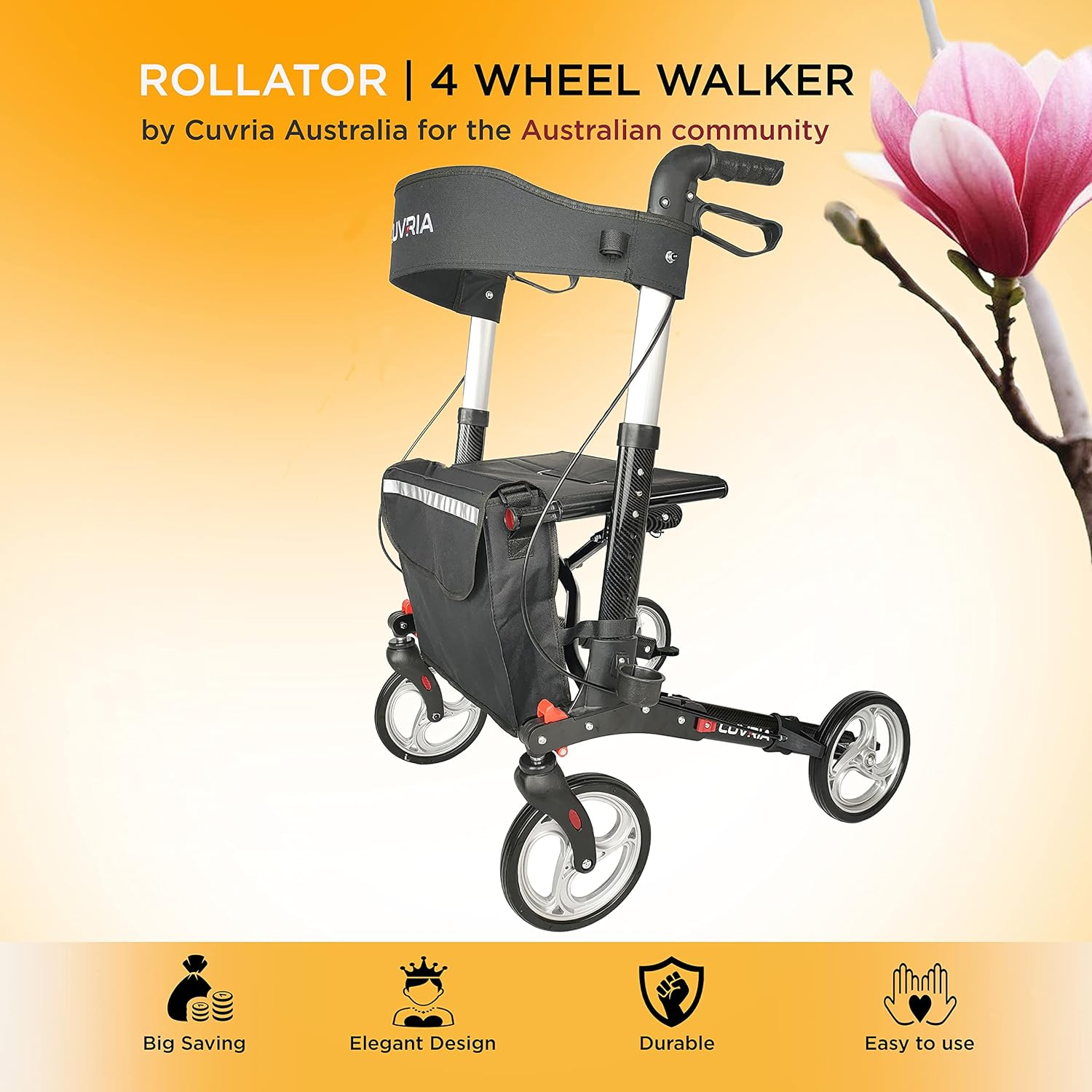 Australia Rollator|4 Wheel Walkers with Seat and Brakes for Seniors, Rollator Walker with Seat, Backrest, Basket, Large Wheels- Easy Folding Senior Walker Lightweight Mobility Walking Aid for Adult image number 3