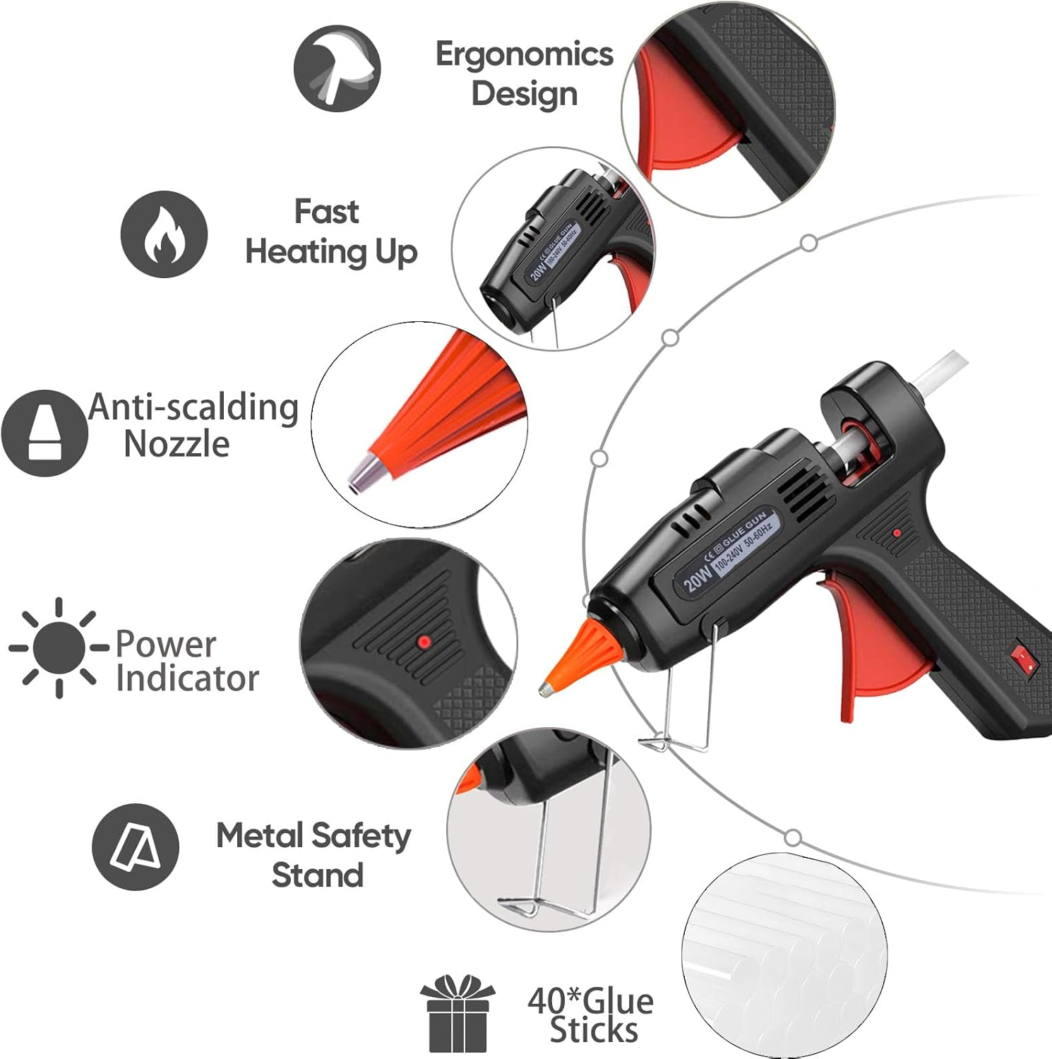 Hot Glue Gun Kit with 40 Glue Sticks(150Mm X 7Mm), 20W Fast Preheating Mini Hot Melt, High Temp for School Crafts DIY Arts and Quick Home Repairs, Black image number 3