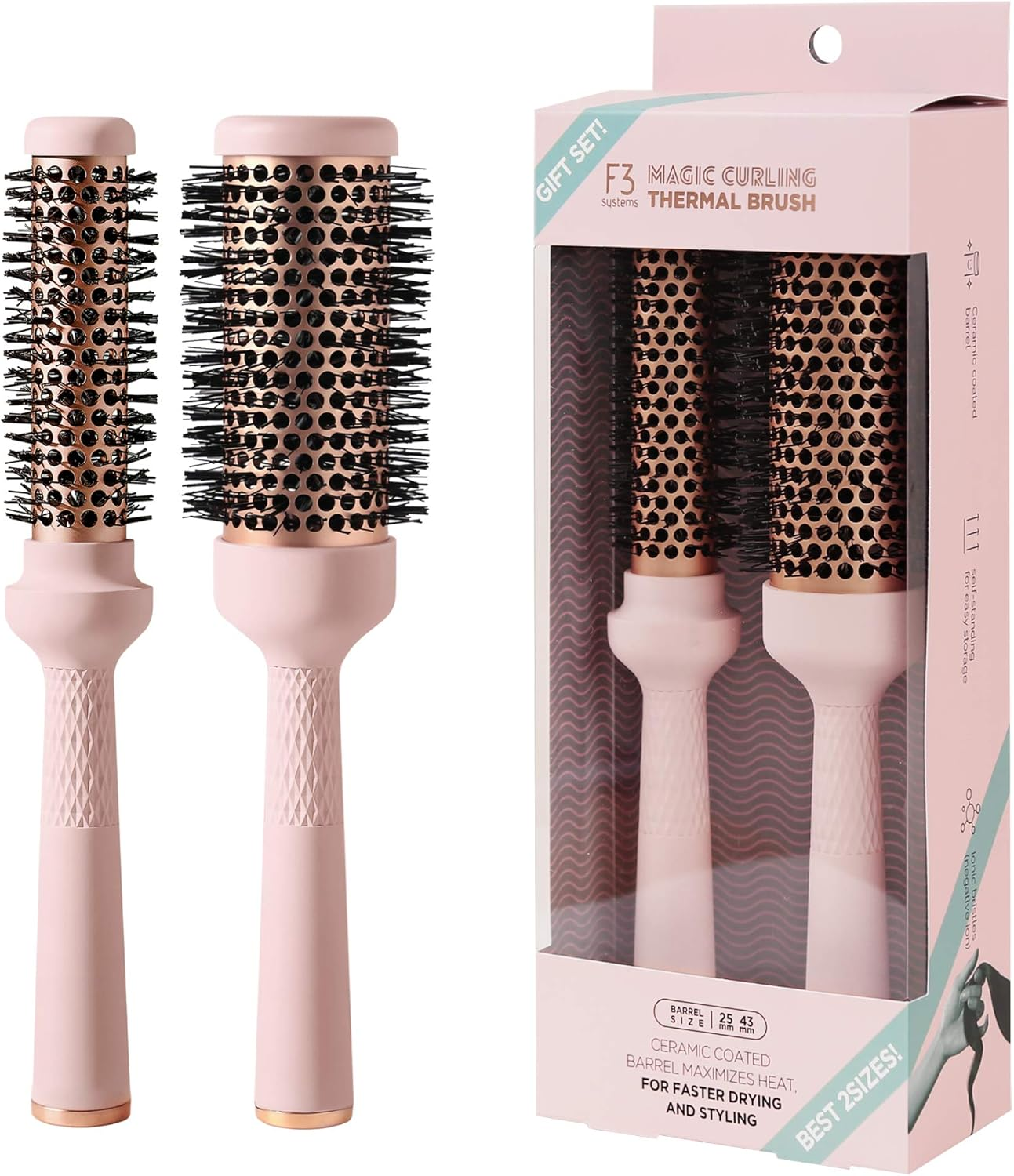 F3 Systems Magic Curling Thermal Brush Set (1&1.7Inches), Cut Drying Time, Self-Standing round Brush, Great Blowout,Ceramic Coated Barrel,Quick Styling,Blowout Volume,Ionic Thermal Barrel, Wave Styler image number 3