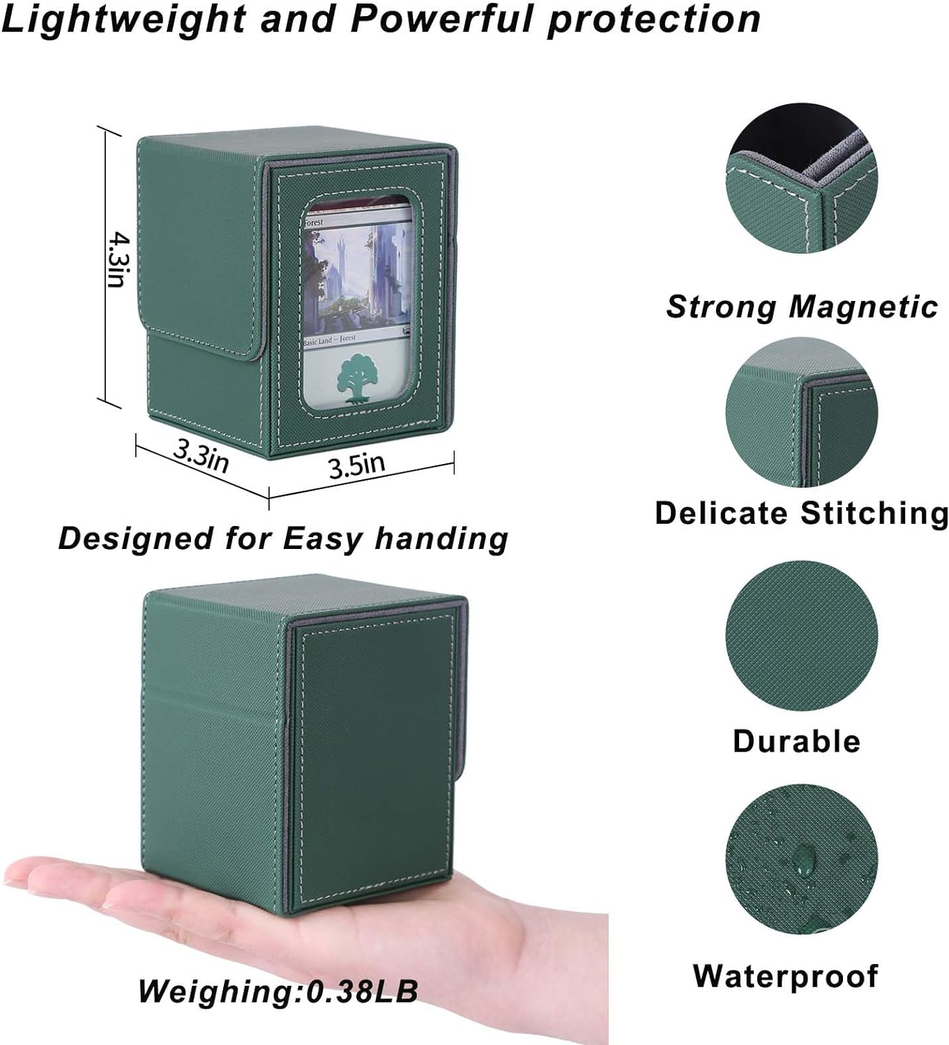 AFIING MTG Deck Box for Commander Display,Card Deck Box Fits 100 Double Sleeved Cards, Magic Commander TCG Card Storage Box with 2 Dividers,Drawstring Bag and 1 Toploader(Green/Grey) image number 5