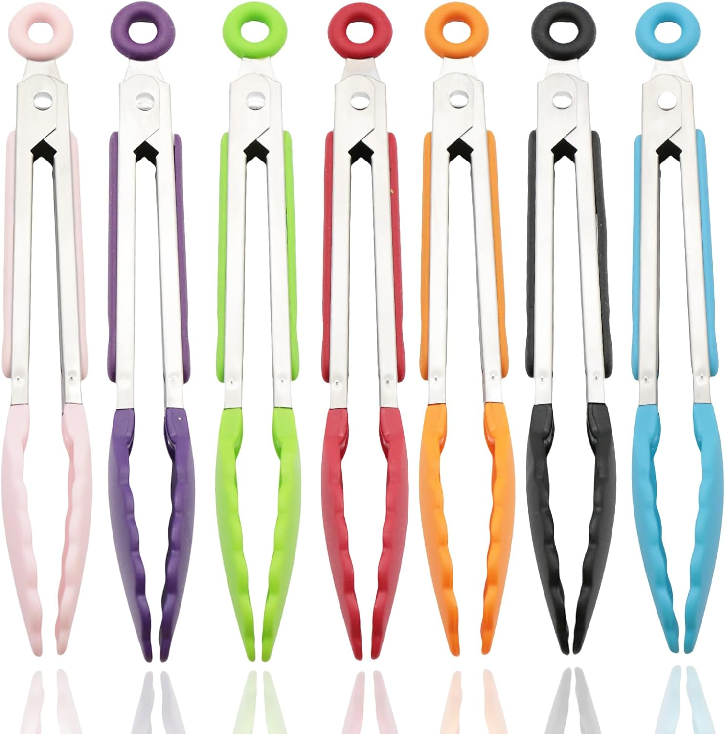 7 Pack Kitchen Tongs Set, Stainless Steel Silicon Handles and Nylon Tips,7 Inch Color Stainless Steel Tongs,Heat Resistant Non-Stick BBQ Tongs with Locking, for Cooking Grilling Salad image number 4