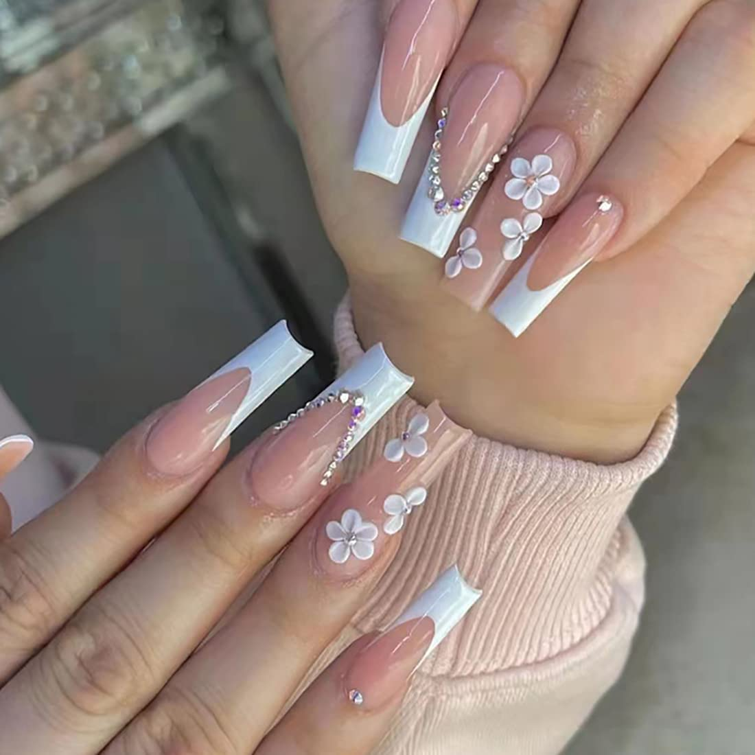 French White Press on Nails - 24 PCS Flower Fake Nails Long Coffin False Nails with Rhinestones Designs Stick on Nails for Women Girls Party Salon image number 1