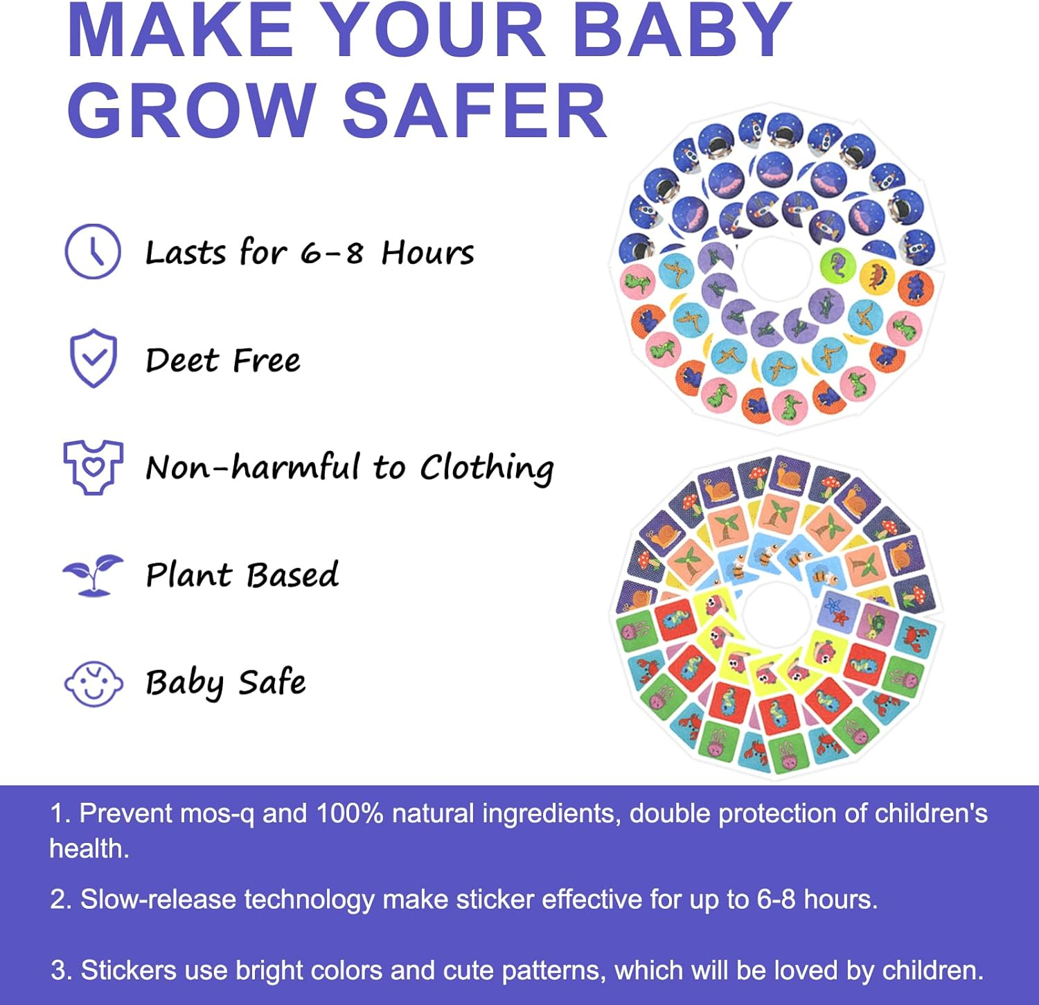 HAIKEYJO 144 PCS Mosquito Patches Stickers for All Family Members, All Natural Citronella Essential Oil, Ideal for Outdoors, Outer Space + Dinosaurs + Animals - Blue image number 4