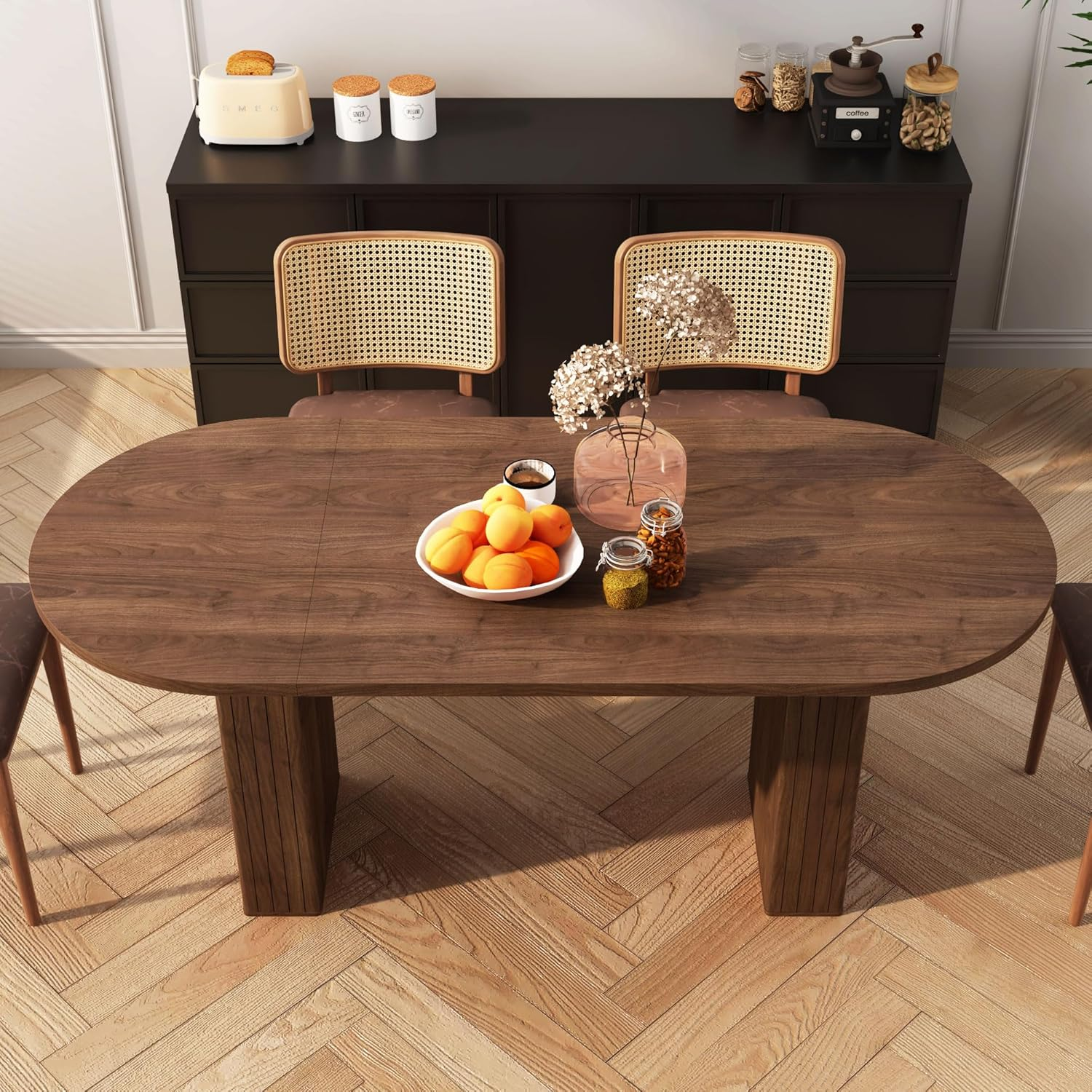 70.8 Inch Kitchen Dining Table for 6-8 People, Oval Kitchen Table with Wood Strip Base, Modern Farmhouse Large round Dining Room Tables for Kitchen Living Room (Walnut) image number 4