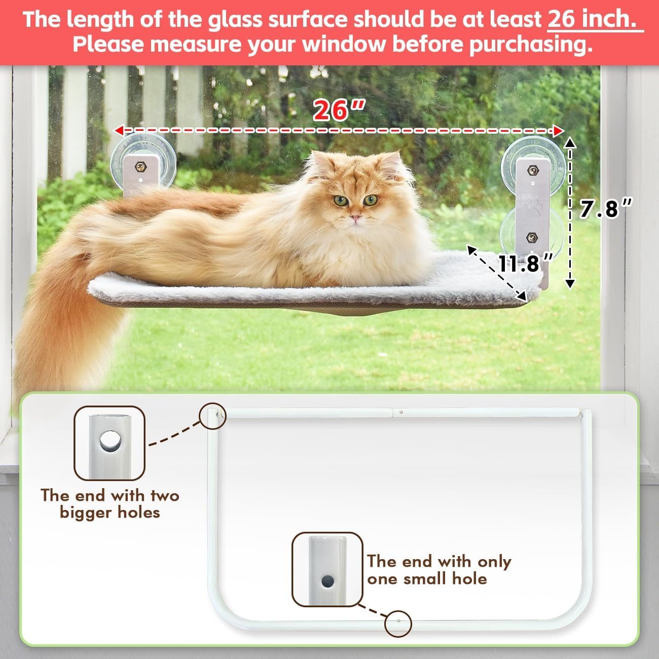 AMOSIJOY Cordless Window Perch Cat Hammock, Large Window Beds with 4 Suction Cups & Solid Metal Frame, Foldable Seat for Indoor Cats (Medium) image number 6