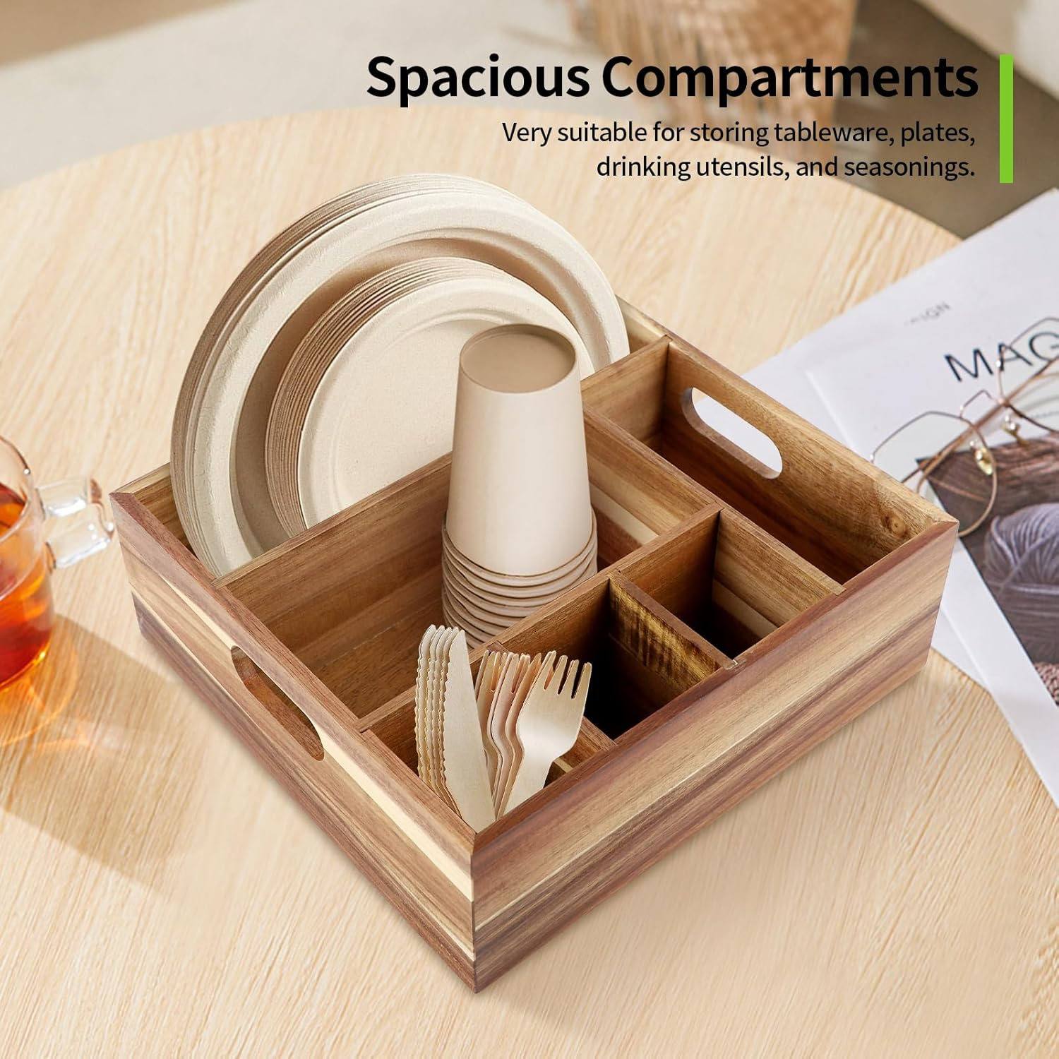 Acacia Wood Utensil Holder for Party - Cutlery Drawer Organiser - Cutlery Holder for Kitchen Camping Buffet, 6-Compartment Utensil Caddy for Forks, Knives, Spoons, Cups image number 1