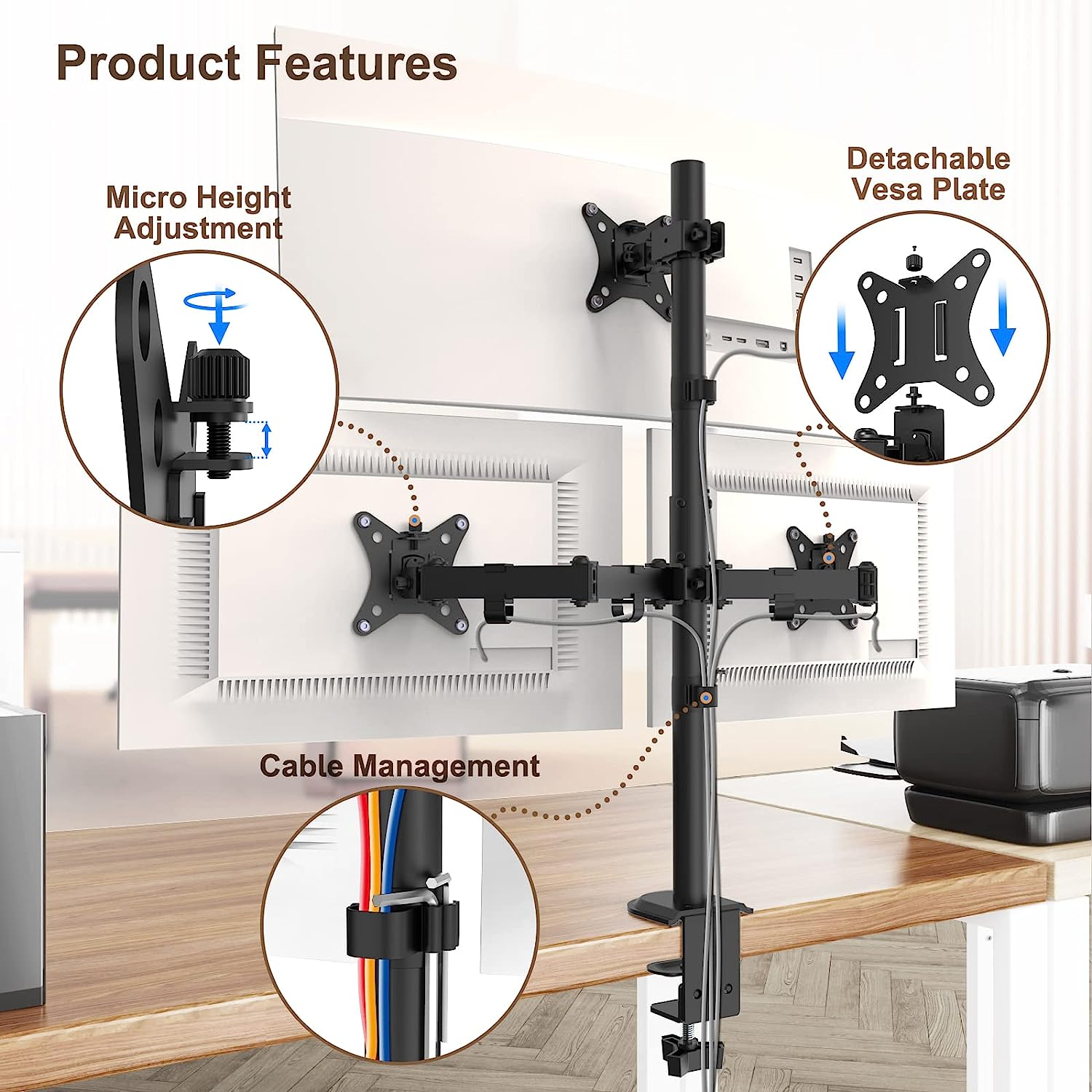 PUTORSEN Monitor Bracket 3 Monitors for 13-32 Inch Flat & Curved Screen, 80 Cm Rod Monitor Table Mount Swivelling Tilting Height Adjustable, 9 Kg per Arm, VESA 75 X 75/100 X 100, Black image number 5
