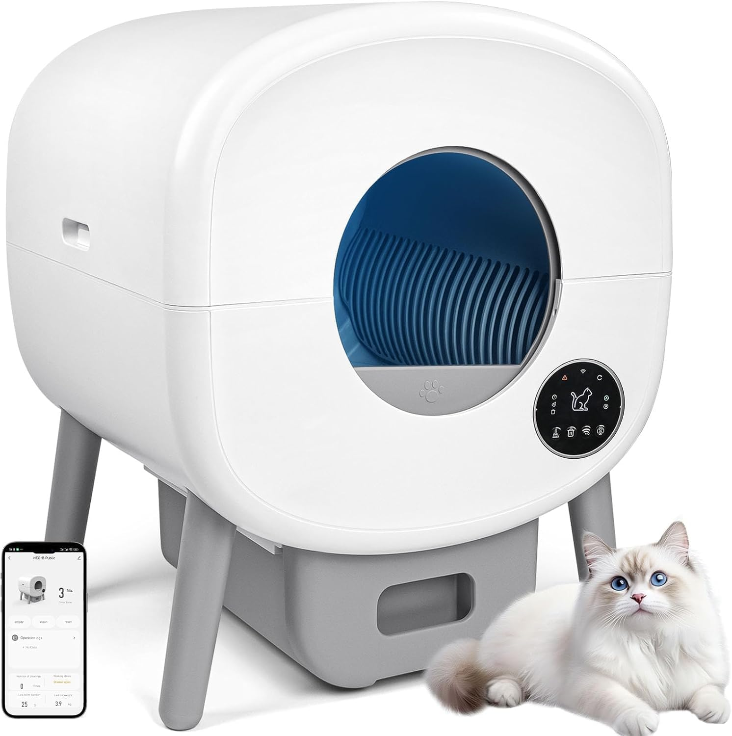 Self Cleaning Cat Litter Box with Mat & Baffle Plate, 76L+13L Large Capacity, Smart Automatic Cat Litter Box for Multiple Cats, APP Control/Low Noise/Safety Protection/Led Touch Display image number 6
