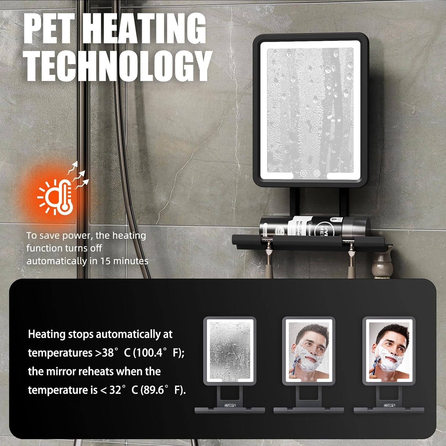 Bgick Lighted Anti-Fog Shower Mirror for Shaving - 3 Color Modes Dimming Fogless with Light, 360&deg;Rotation, Rechargeable Shower Mirror with Storage Tray & Razor Holders & Shaving Brush Holders (Grey) image number 3