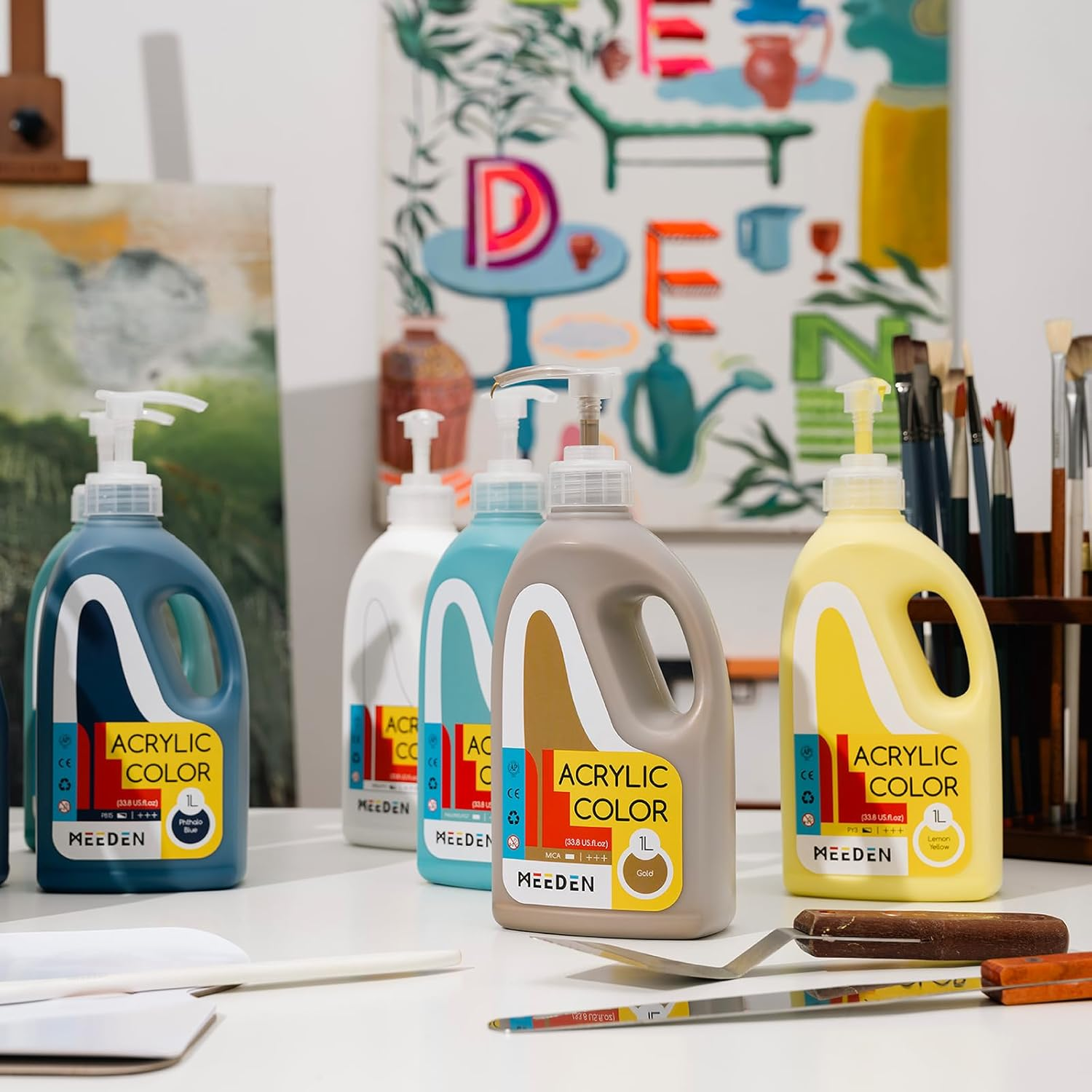 MEEDEN Metallic Gold Acrylic Paint: 1 L /33.8 Oz Liquid Paint with Pump Lid - Gold Art Paints for Canvas, Crafts, Studio, School, Wall & Poured Paintings image number 6