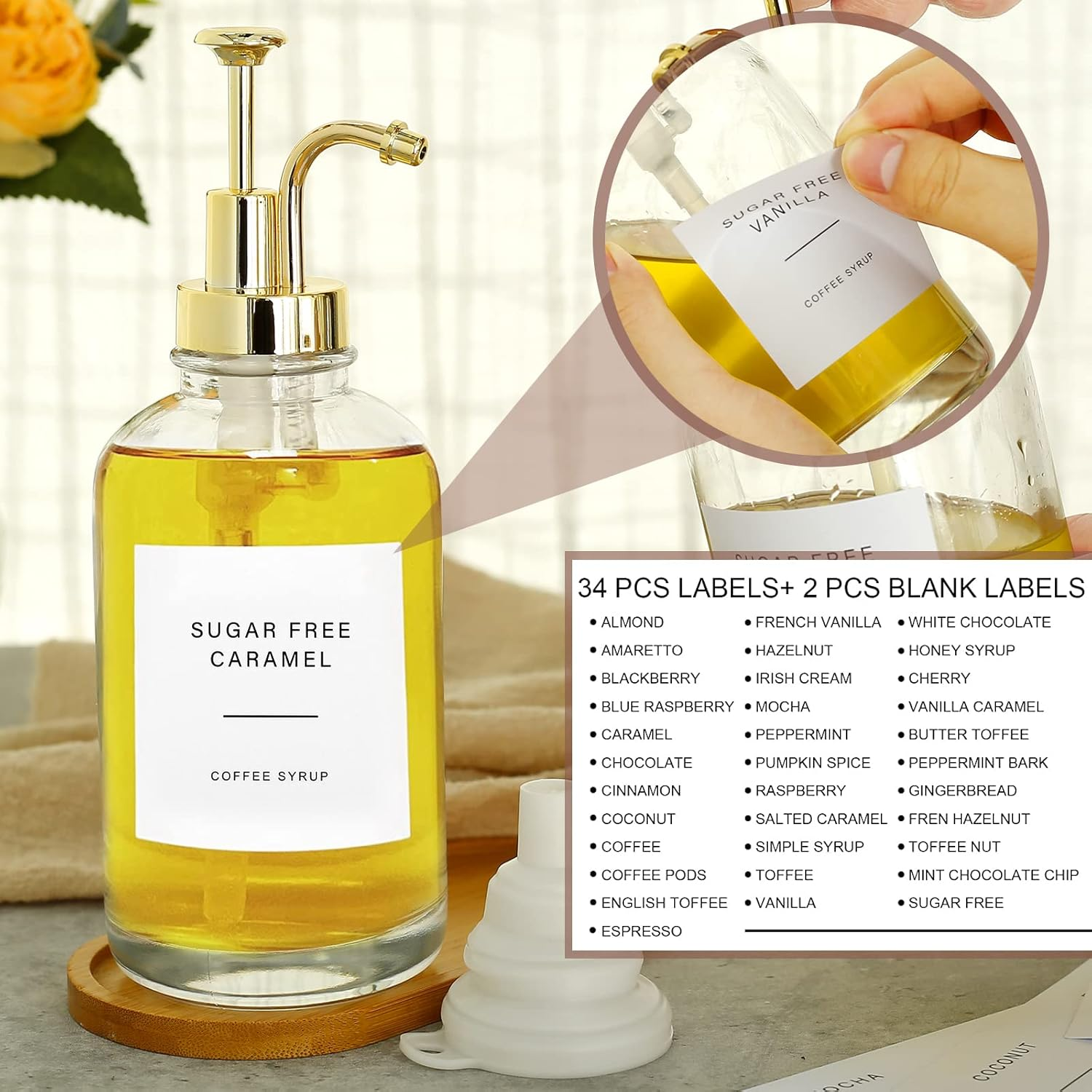 2 Pcs Glass Syrup Bottle with Pump-500Ml/16.9Oz, Dispenser Set with Bamboo Tray Labels Funnel, Clear Syrup Pump Dispenser, Bottle for Coffee Bar Home 3.2 X 8.7In (Gold) image number 5