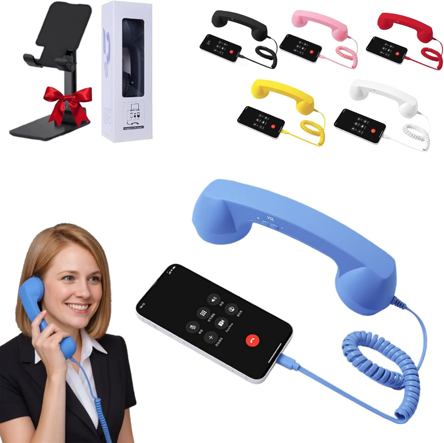 Retro Phone Handset,Bluetooth Retro Phone Handset for Android and Iphone, Type-C & 3.5Mm Classic Telephone Receiver for Cell Mobile Phones, Vintage Style Landline Handle (Black) (Blue,Bluetooth)