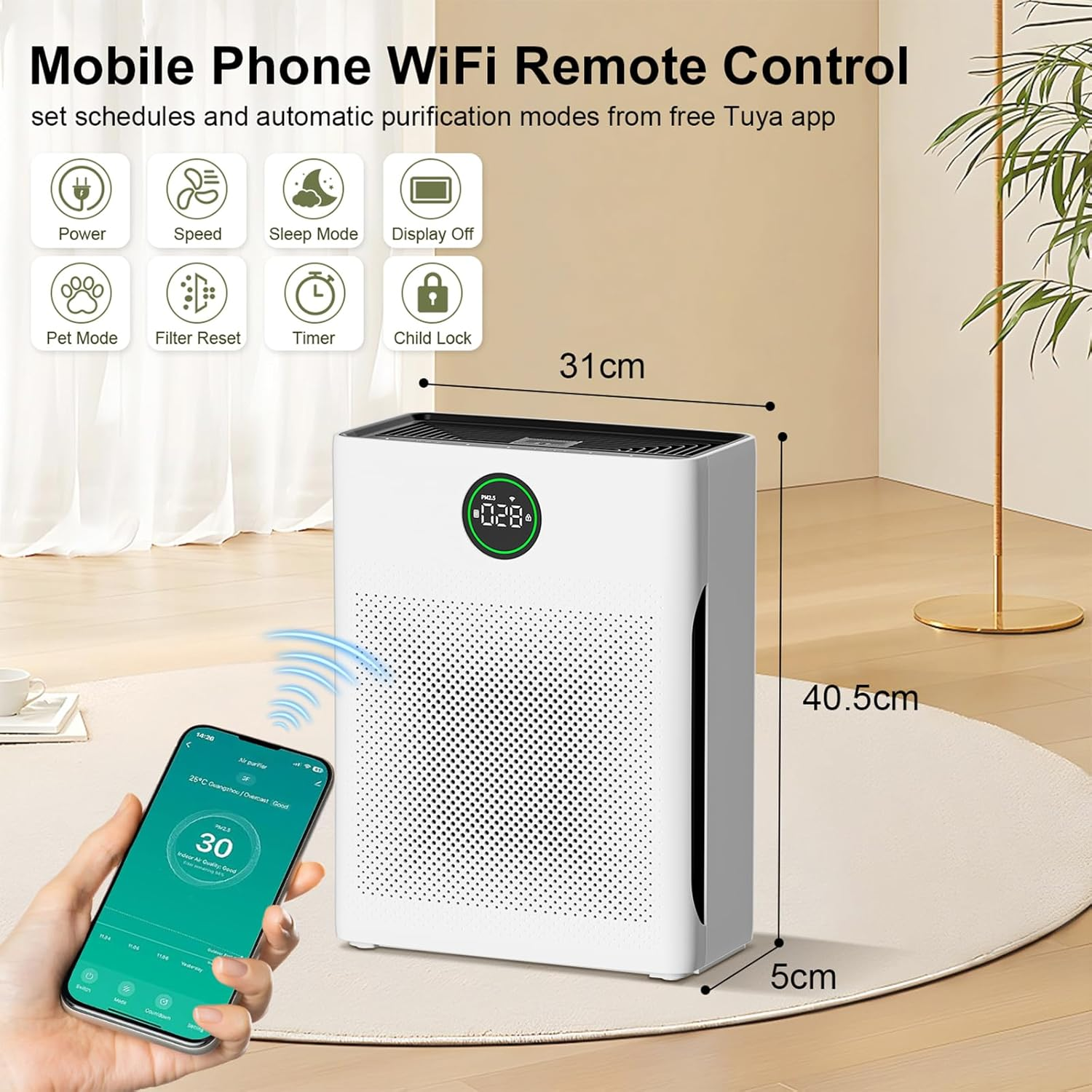 Yildue Smart Air Purifier for Bedroom,Air Purifiers for Home Covers up to 204M&sup2;, with HEPA & Carbon Filters, Remove 99.97% Allergens Pet Hair Dander Smell Pollen,Cadr 300 M&sup3;/H, Quiet 25Db Sleep Mode image number 5