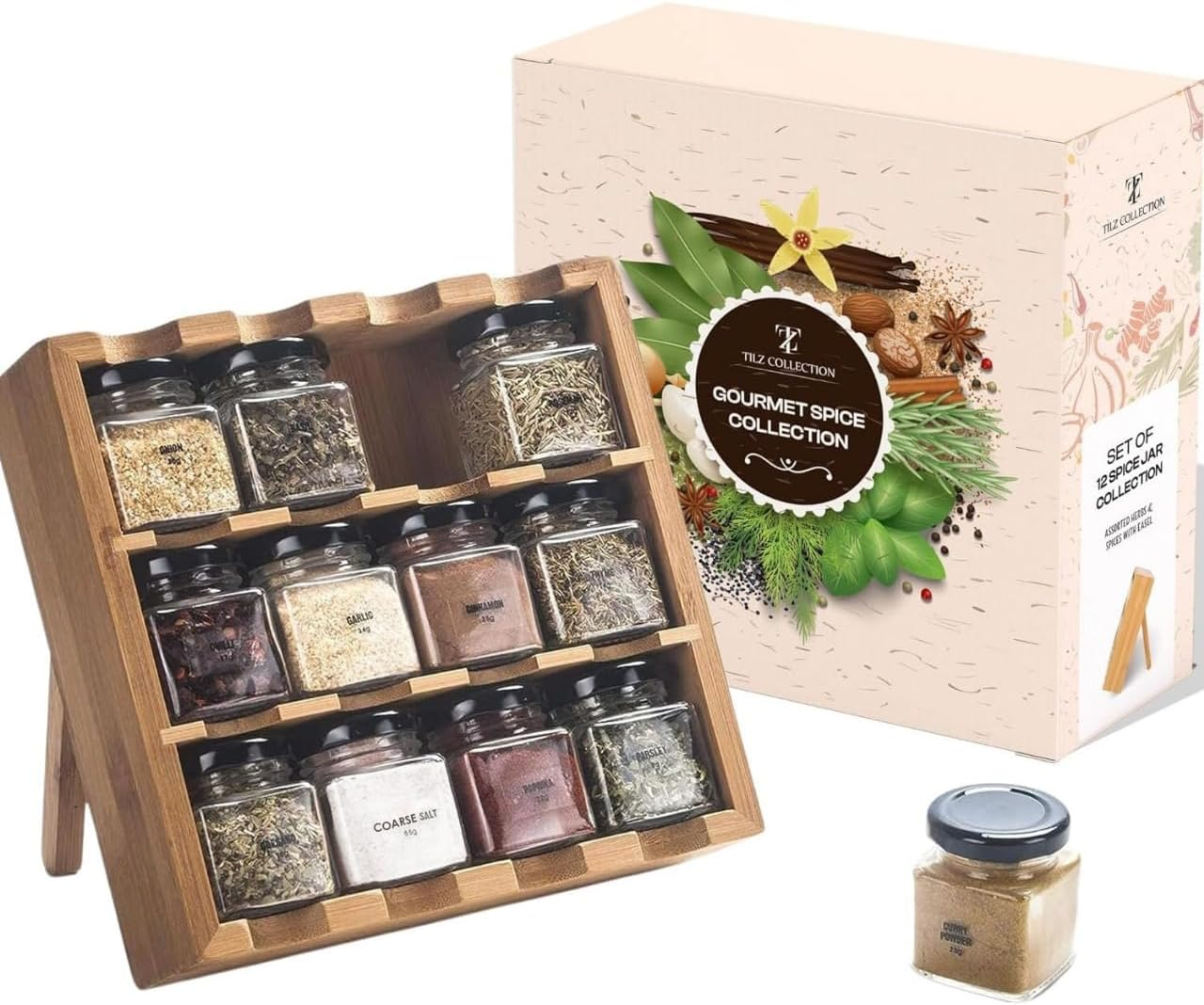 TILZ GEAR Mixed Herbs and Spices Set Wooden Spice Rack with Spices Included Free Standing Refill Herbs Spices Containing 12 Spices for Cooking Seasoning Set Perfect Spices Gift Set image number 3