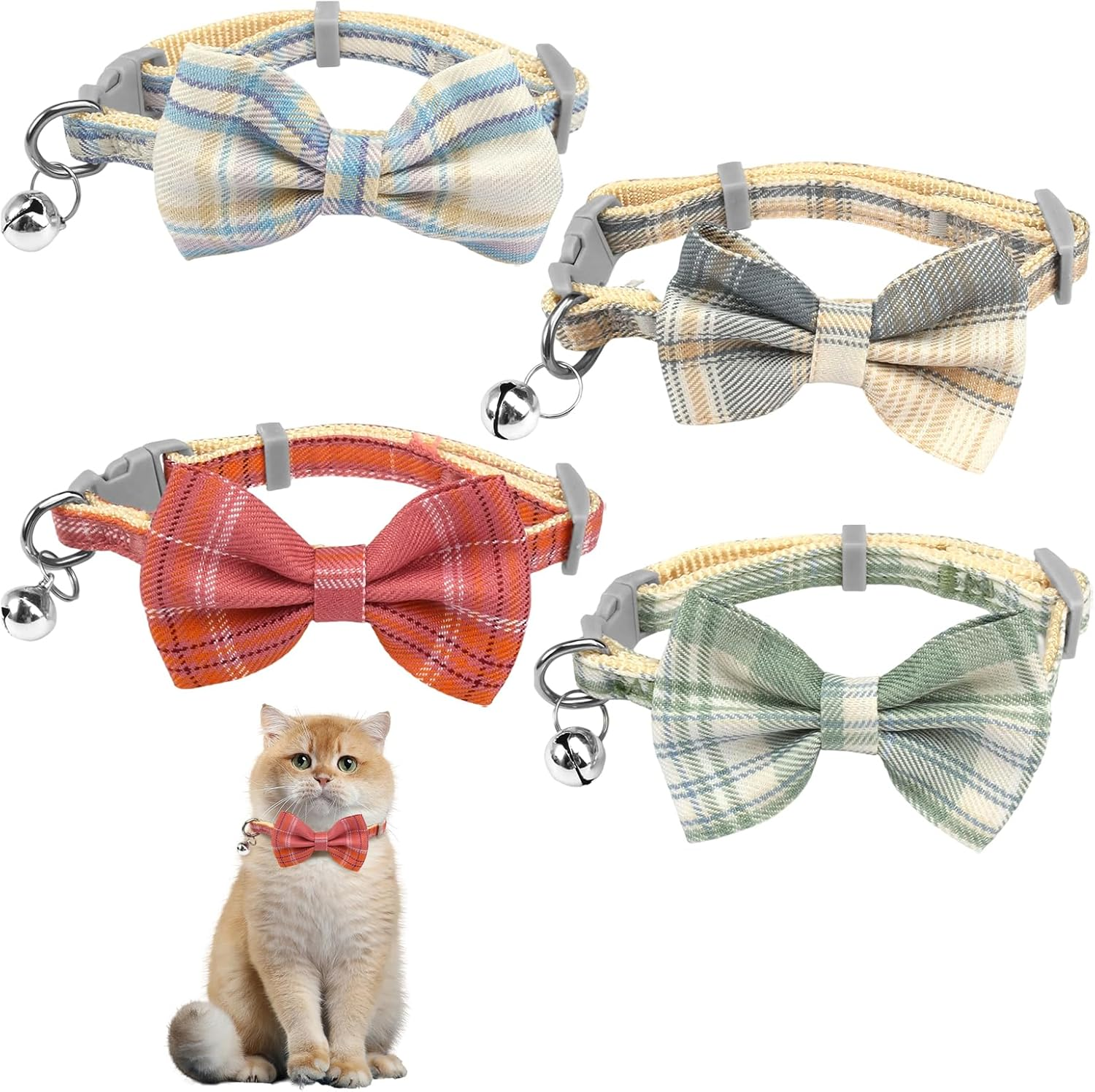 Set of 4 Blue and White Checked Cat Collars with Bow Tie and Bell Adjustable image number 6