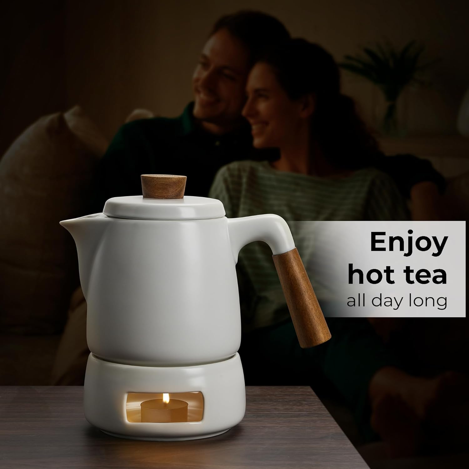 MIAMIO - Teapot Set with Warmer / 1L / 1000 Ml Tea Kettle with Infuser for Steeping Loose Tea Leaves (White) image number 4