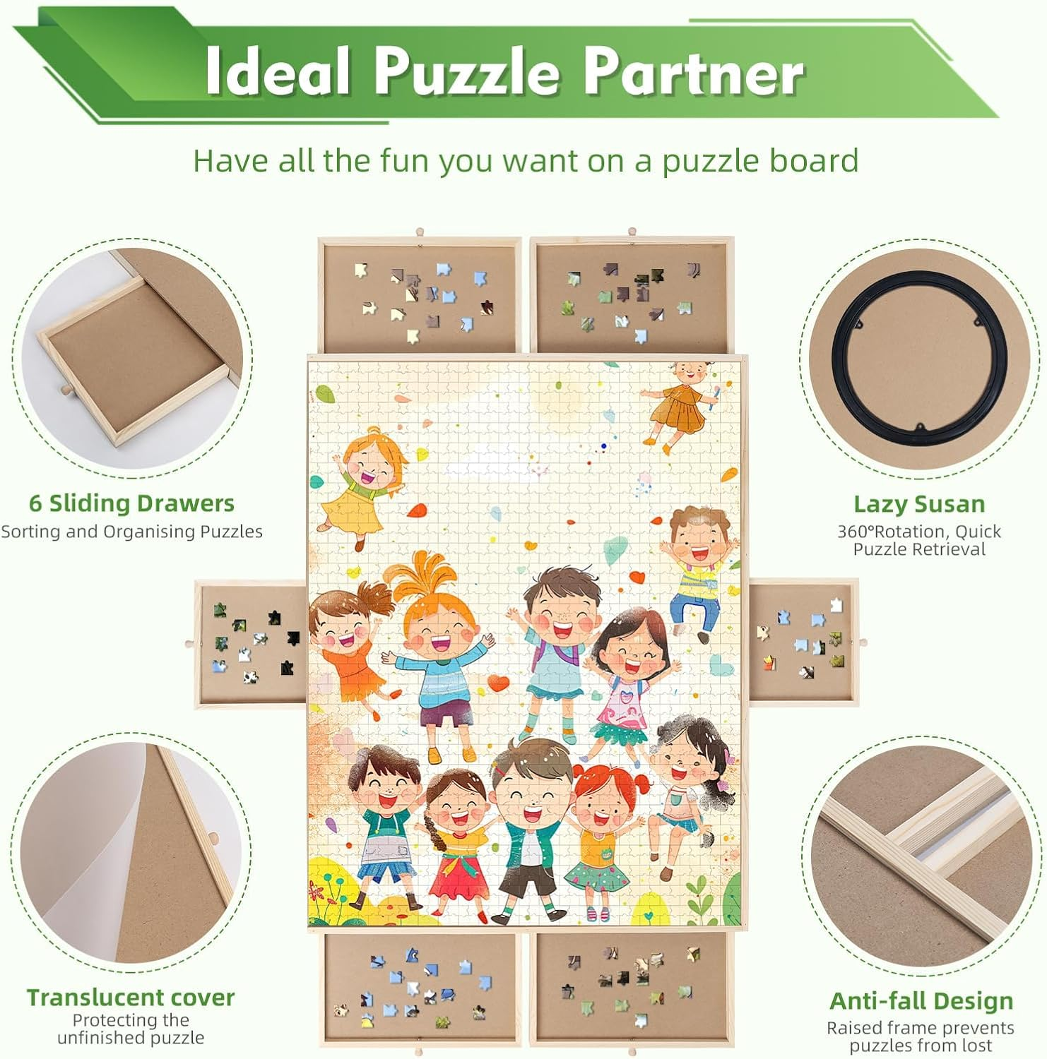 1500 Pieces Wooden Puzzle Board with 6 Drawers, Large Jiasaw Puzzle Board Game Table 360&deg; Rotating for Adults Kids Playing Puzzle Game, Jigsaw Puzzle Board with Puzzle Tray for Organizing Sorting image number 5