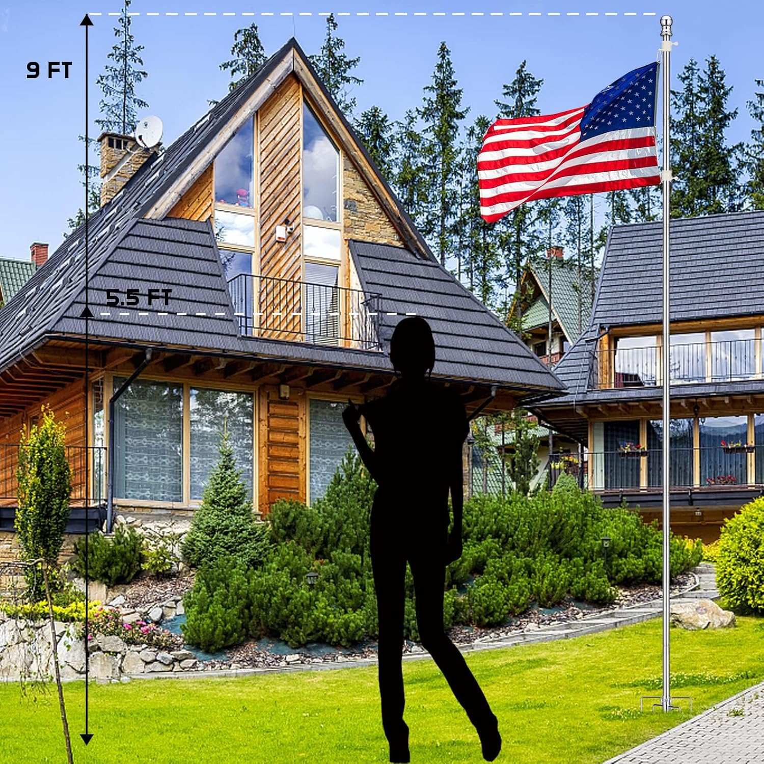 Ground Flag Poles for outside House - 1" Tangle Free Flag Pole Kit with 5 Prong - 8.5Ft Yard Flag Stand for Outdoor,Wind Resistant & Rustproof for Garden - Silver image number 3