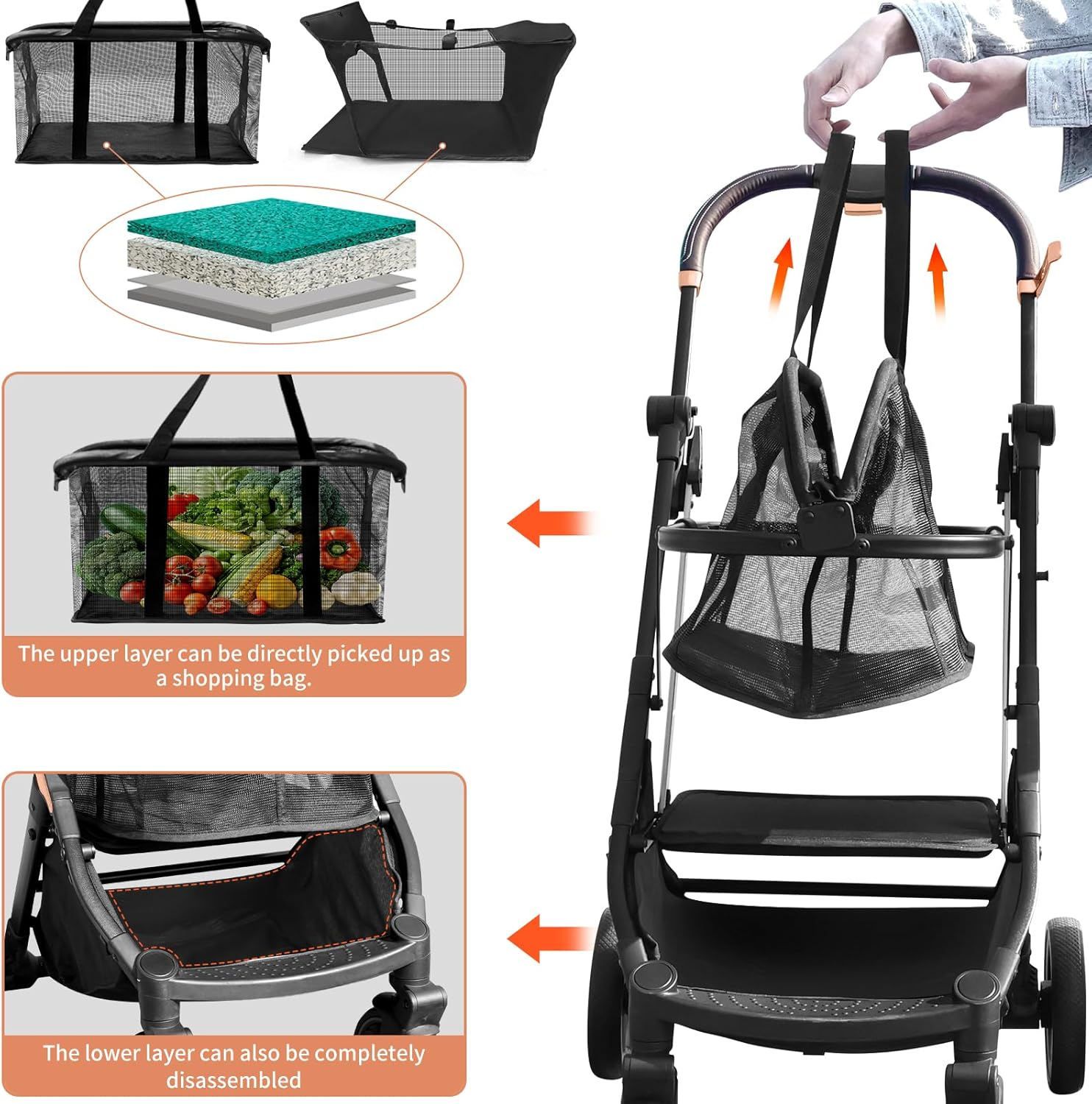 SNSUTY Foldable Shopping Cart, 85 Liters Grocery Cart Utility Carts, Two Layers Shopping Trolley with Wheels ＆ Stylish Removable Tote, One-Handed Compact Fold, and One-Step Parking Brake Multi Use image number 2